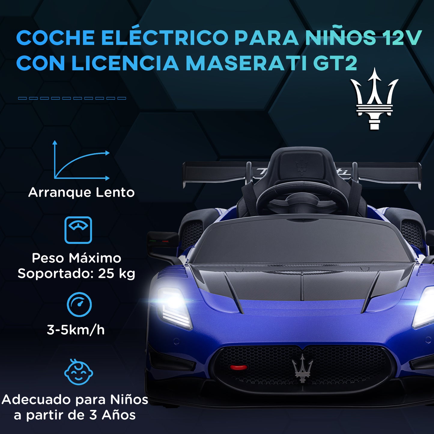 AIYAPLAY Coche Eléctrico para Niños de +3 Años Maserati GT2 Coche Eléctrico con Batería 12V con Mando a Distancia Faros LED Bocina Música y Ruedas Auxiliares 115x60x45 cm Azul