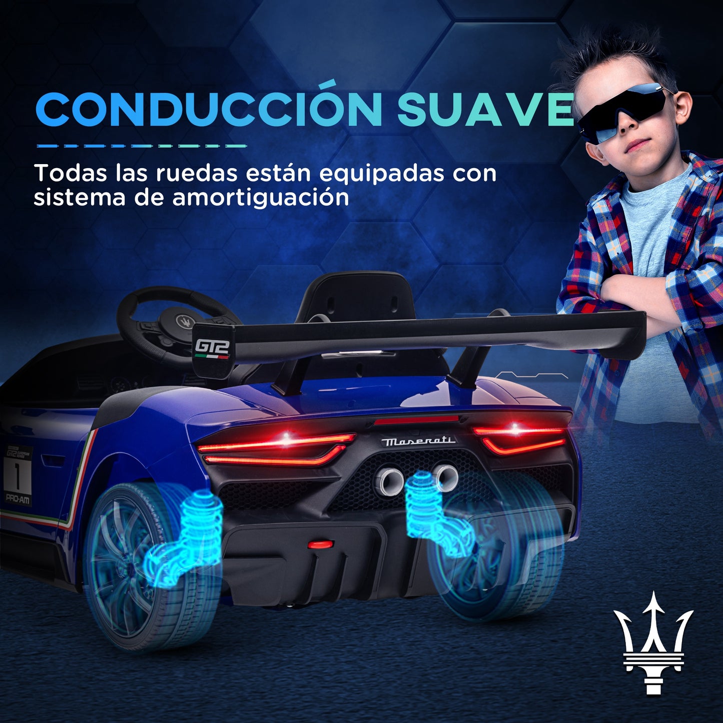 AIYAPLAY Coche Eléctrico para Niños de +3 Años Maserati GT2 Coche Eléctrico con Batería 12V con Mando a Distancia Faros LED Bocina Música y Ruedas Auxiliares 115x60x45 cm Azul