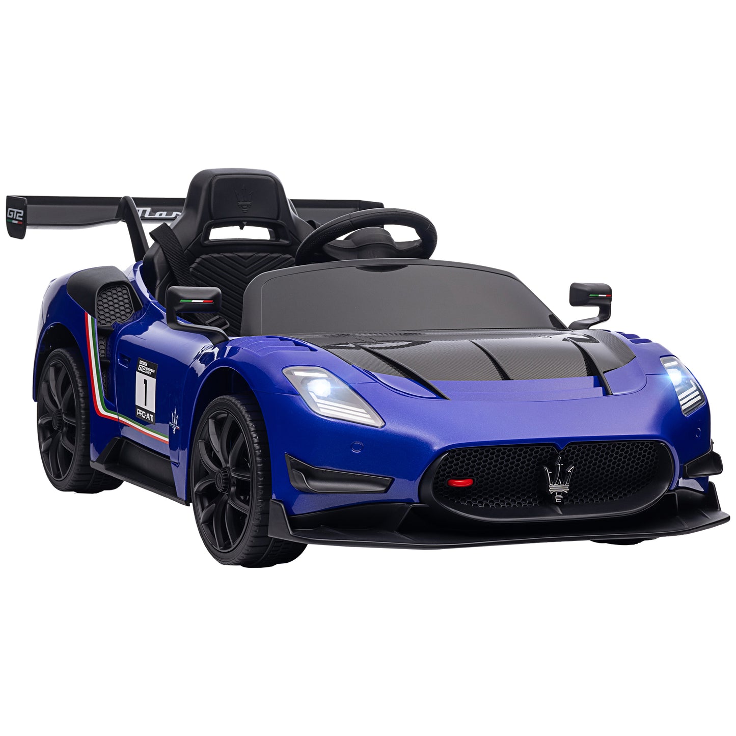 AIYAPLAY Coche Eléctrico para Niños de +3 Años Maserati GT2 Coche Eléctrico con Batería 12V con Mando a Distancia Faros LED Bocina Música y Ruedas Auxiliares 115x60x45 cm Azul