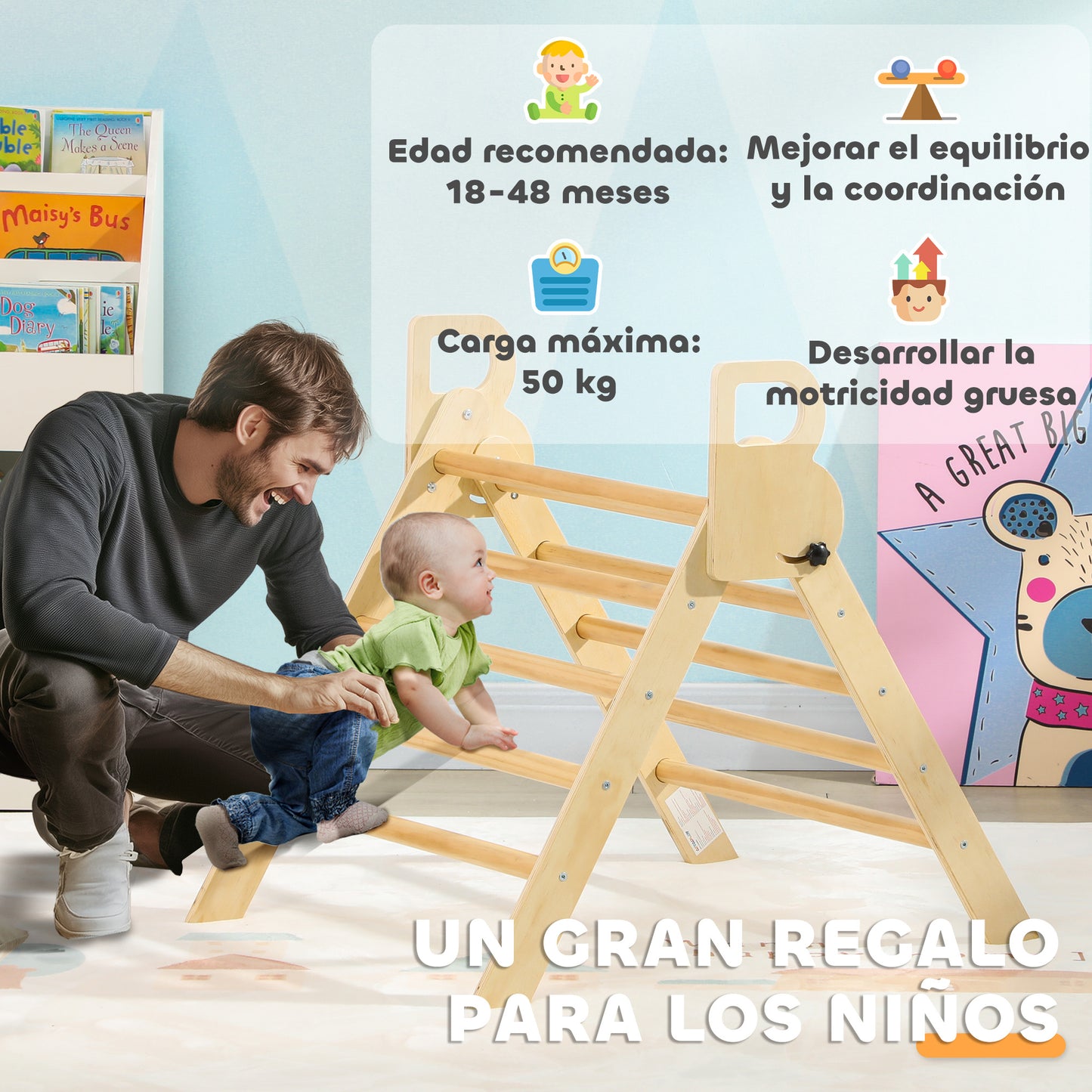 AIYAPLAY Triángulo de Escalada de Madera Plegable Escalada para Niños de 18-48 Meses para Cultivar Habilidades de Equilibrio y Coordinación 82x66 cm Natural