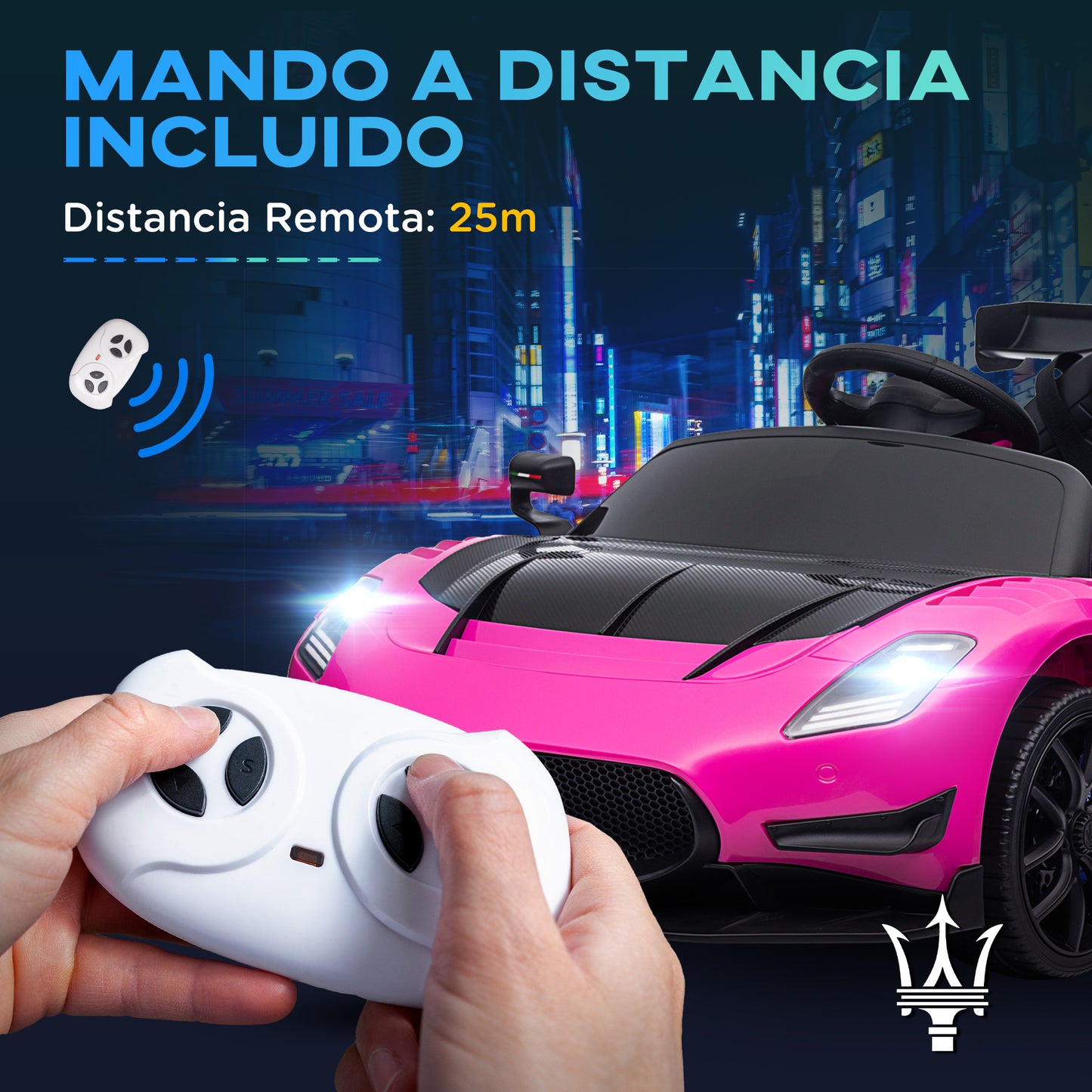 AIYAPLAY Coche Eléctrico para Niños de +3 Años Maserati GT2 Coche Eléctrico con Batería 12V con Mando a Distancia Faros LED Bocina Música y Ruedas Auxiliares 115x60x45 cm Rosa