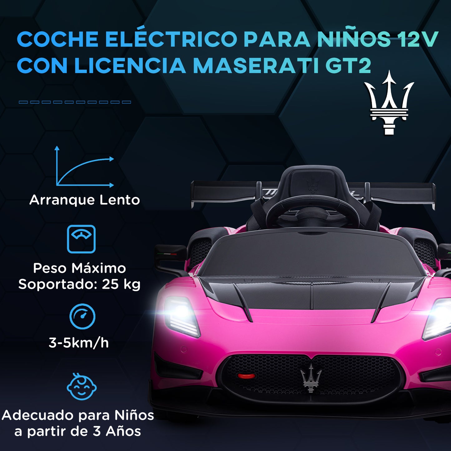 AIYAPLAY Coche Eléctrico para Niños de +3 Años Maserati GT2 Coche Eléctrico con Batería 12V con Mando a Distancia Faros LED Bocina Música y Ruedas Auxiliares 115x60x45 cm Rosa