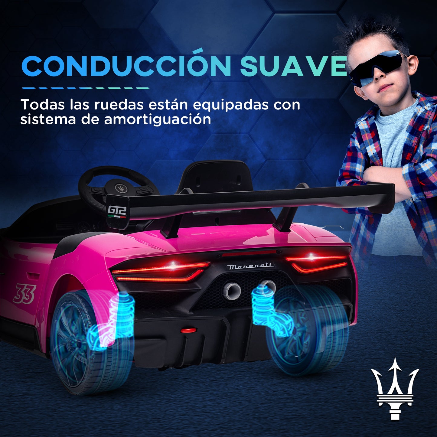 AIYAPLAY Coche Eléctrico para Niños de +3 Años Maserati GT2 Coche Eléctrico con Batería 12V con Mando a Distancia Faros LED Bocina Música y Ruedas Auxiliares 115x60x45 cm Rosa