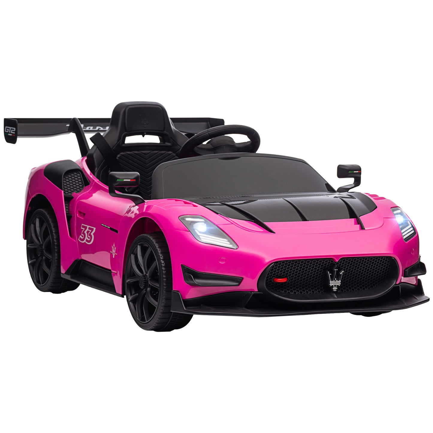 AIYAPLAY Coche Eléctrico para Niños de +3 Años Maserati GT2 Coche Eléctrico con Batería 12V con Mando a Distancia Faros LED Bocina Música y Ruedas Auxiliares 115x60x45 cm Rosa