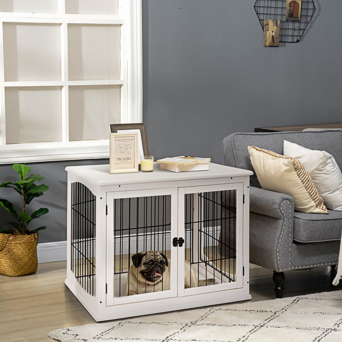 PawHut Jaula para Perros de Madera con Superficie de Mesa 2 Puertas y Rejillas de Metal 81x58,5x66 cm Blanco