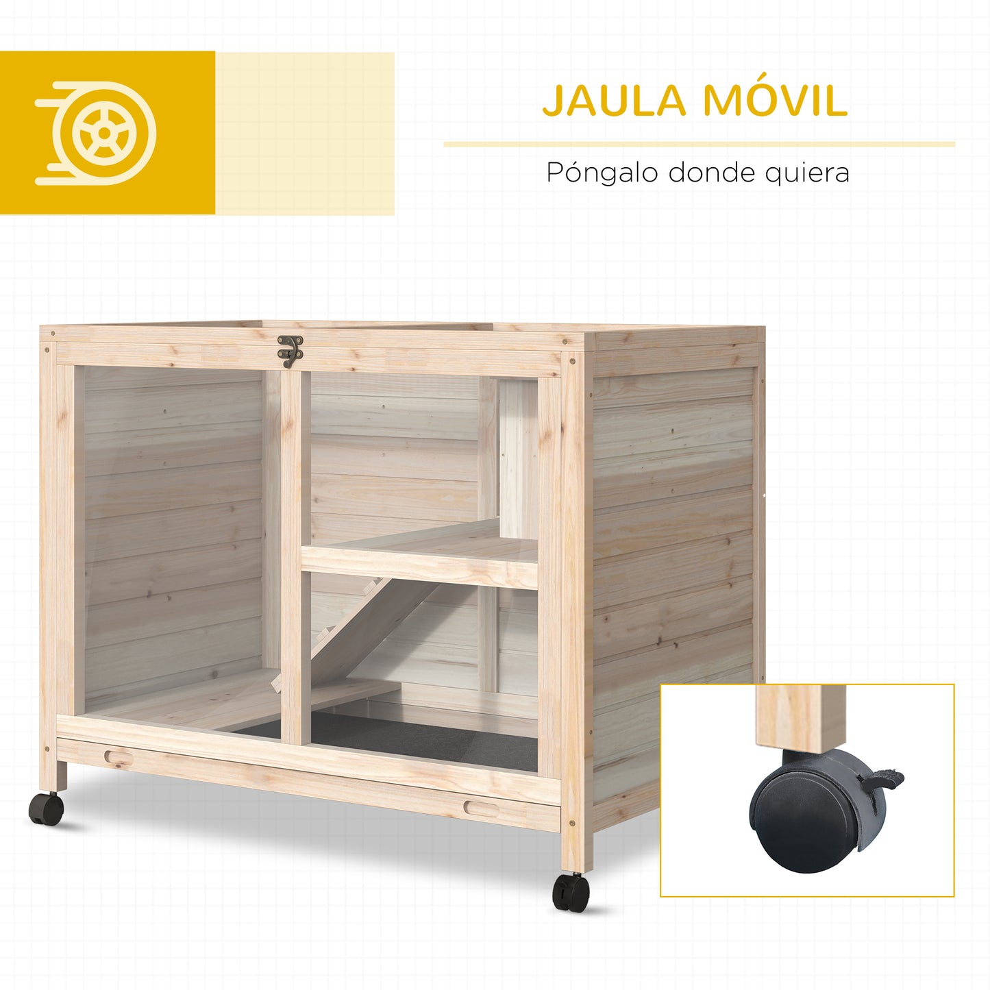 PawHut Conejera de Madera con Ruedas 91,5x53,3x73 cm Jaula para Conejos de 2 Niveles con Techo Abatible Bandeja Extraíble y Rampa Natural