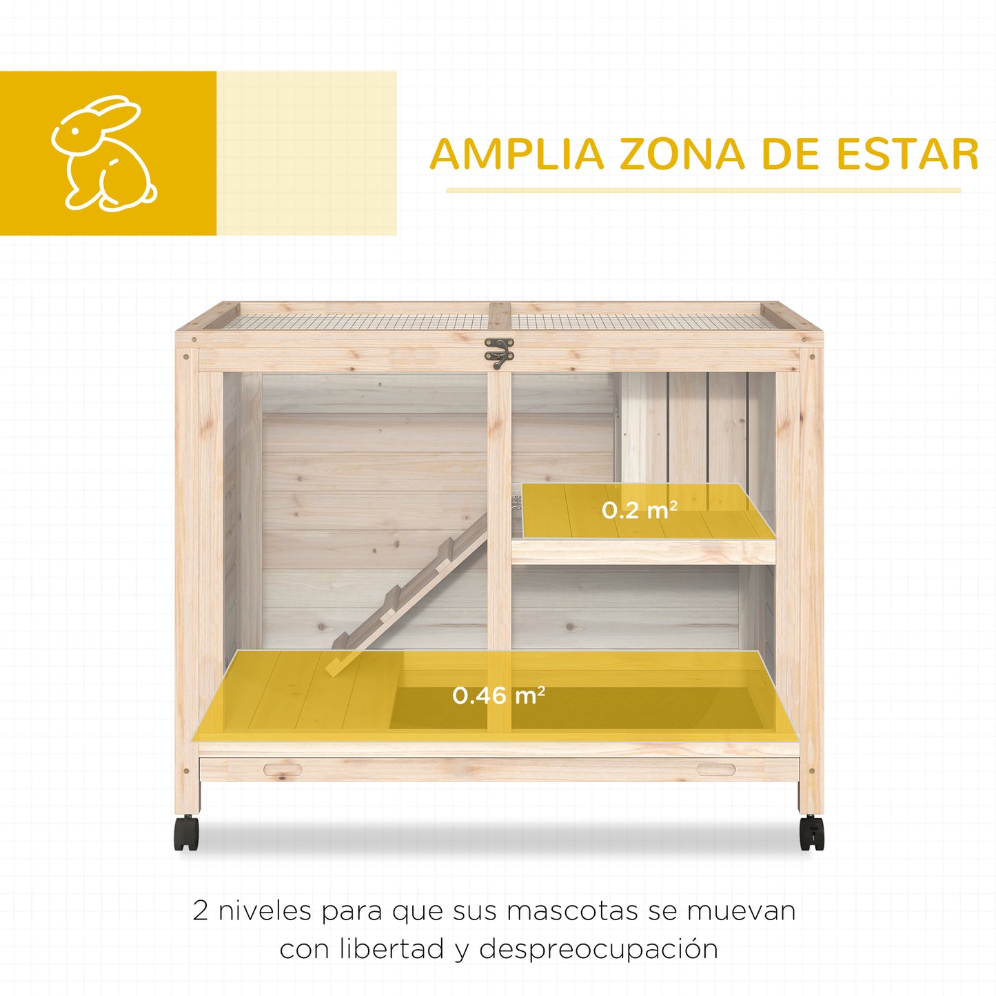 PawHut Conejera de Madera con Ruedas 91,5x53,3x73 cm Jaula para Conejos de 2 Niveles con Techo Abatible Bandeja Extraíble y Rampa Natural