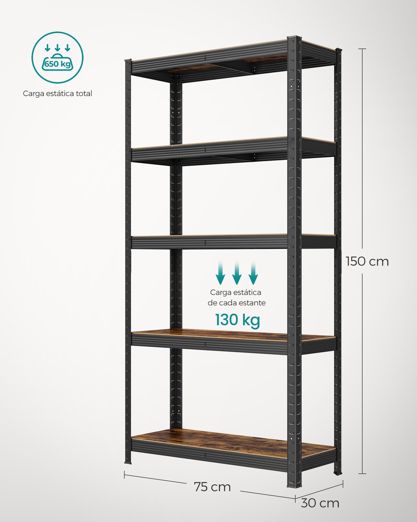 Estantería de 5 Niveles 30 x 75 x 150 cm Marrón Rústico y Negro-SONGMICS