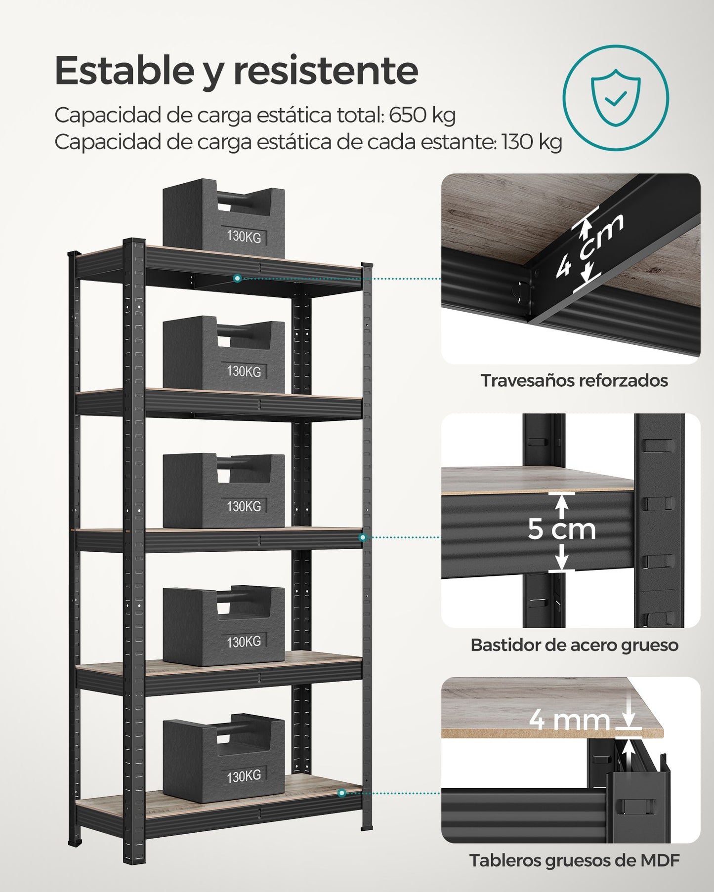 Estantería de 5 Niveles 30 x 75 x 150 cm Madera Natural y Negro-SONGMICS