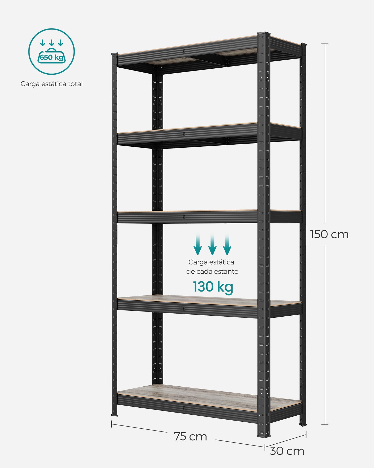 Estantería de 5 Niveles 30 x 75 x 150 cm Madera Natural y Negro-SONGMICS
