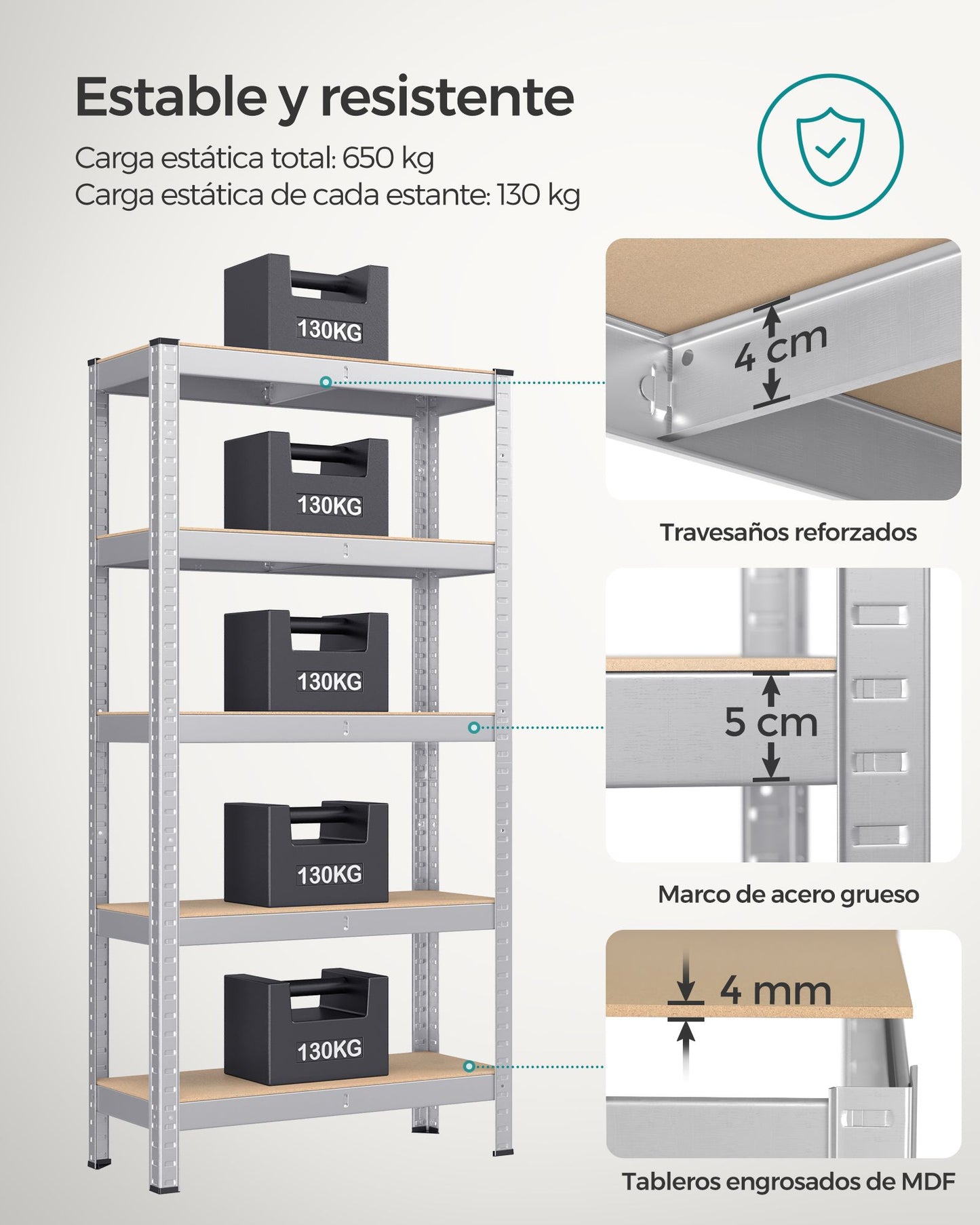 Estantería Pesada de 5 Niveles 30 x 75 x 150 cm Plata-SONGMICS