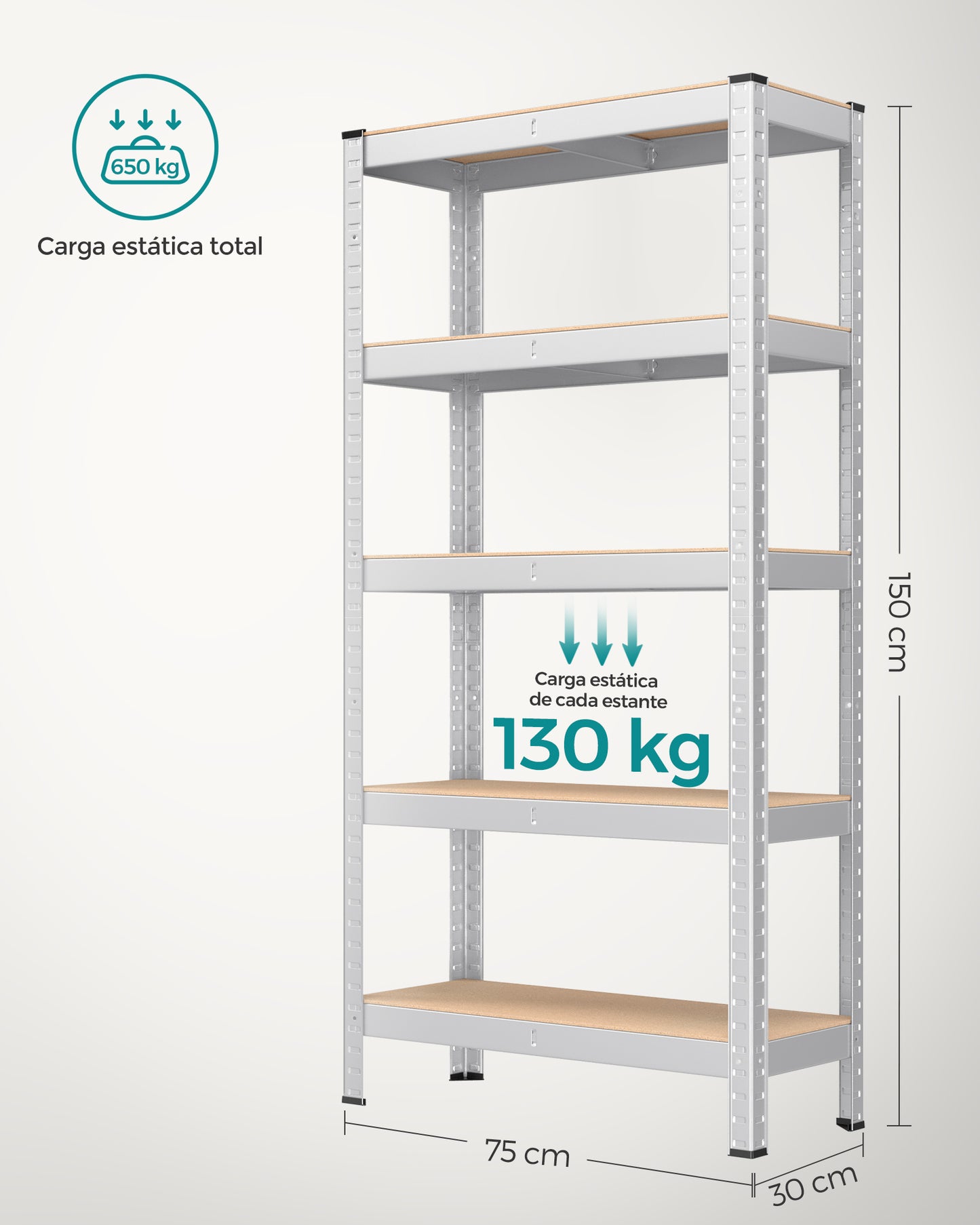 Estantería Pesada de 5 Niveles 30 x 75 x 150 cm Plata-SONGMICS