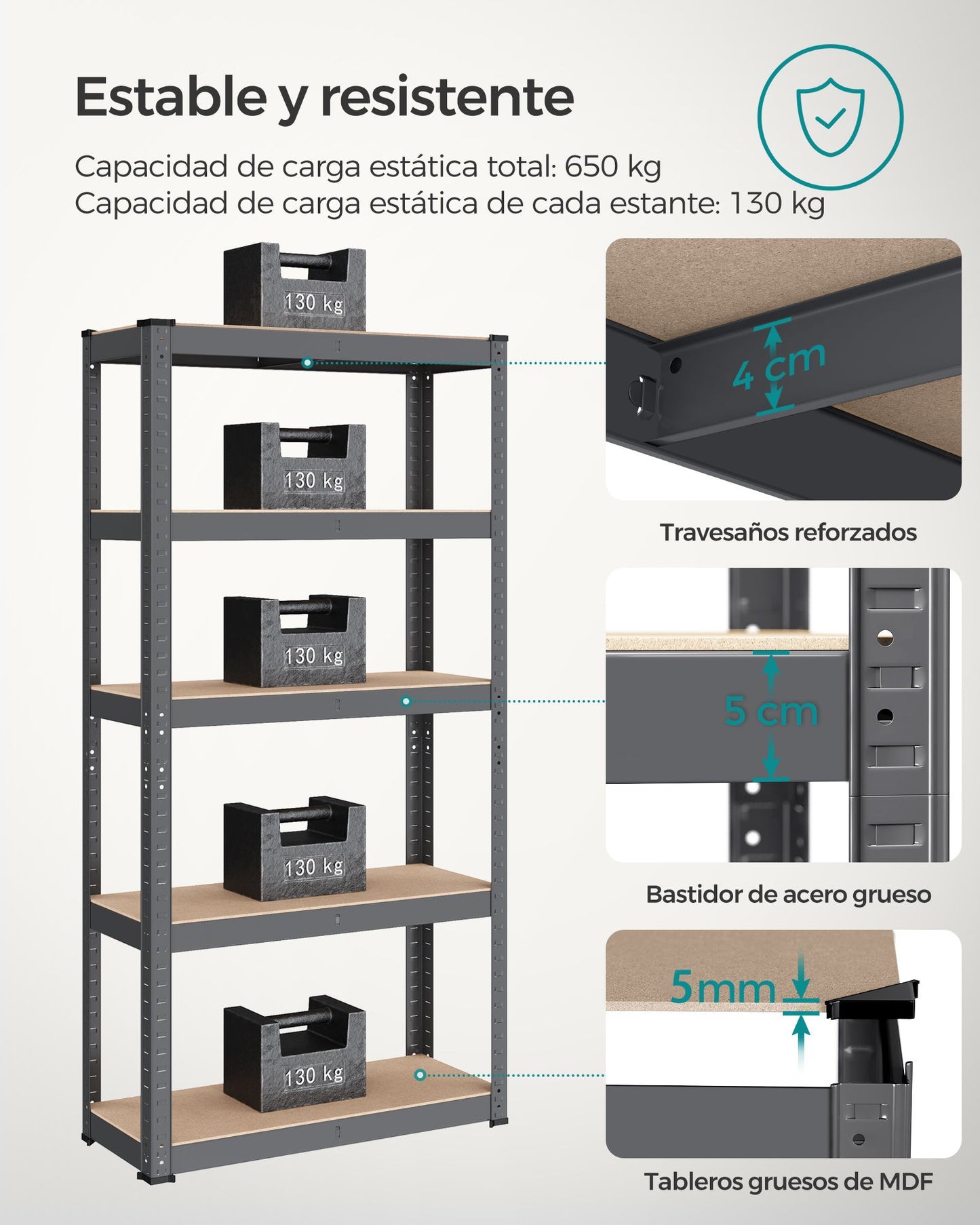 Estantería Pesada de 5 Niveles 30 x 75 x 150 cm Gris y Natural-SONGMICS