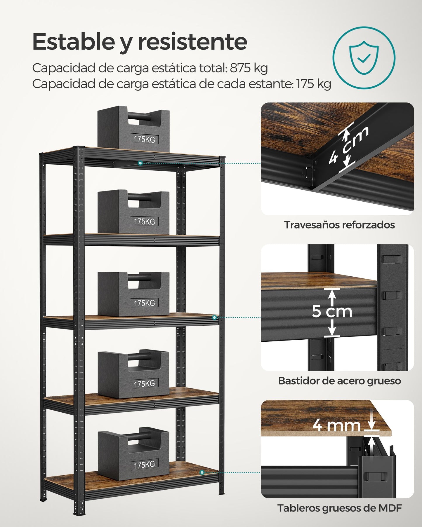 Estantería con Carga de 875 kg Marrón Rústico y Negro-SONGMICS