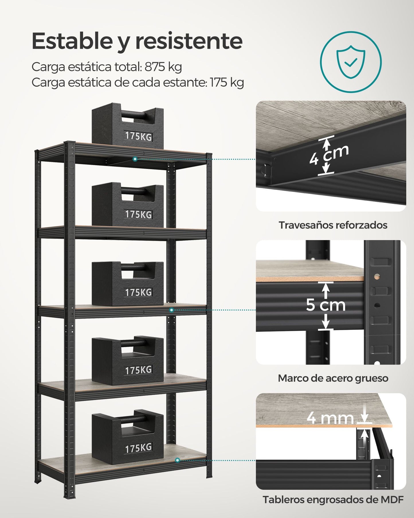 Estantería de 5 Niveles 40 x 90 x 180 cm Estantes Ajustables Greige y Negro-SONGMICS