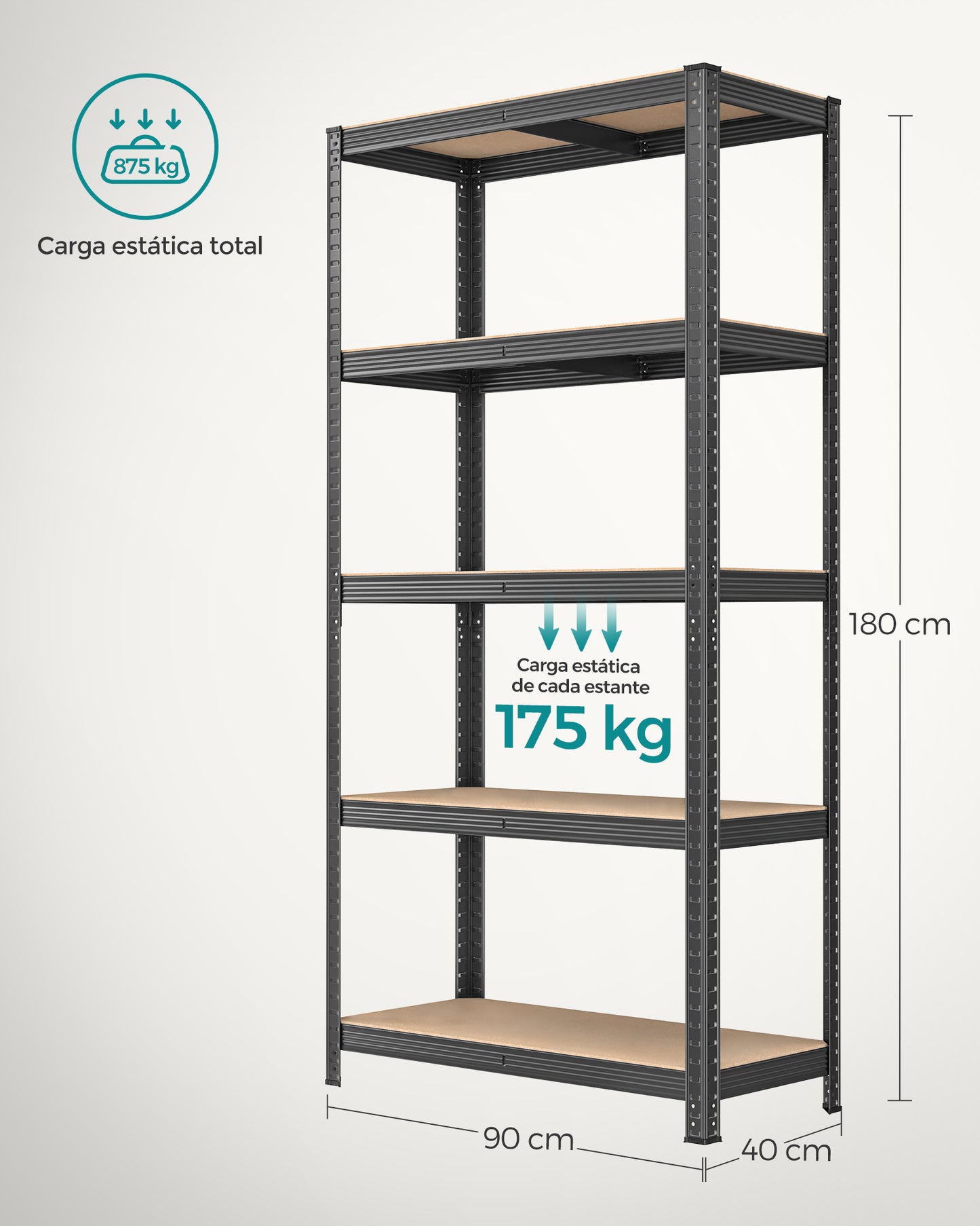 Estantería Pesada de 5 Niveles 40 x 90 x 180 cm Gris-SONGMICS