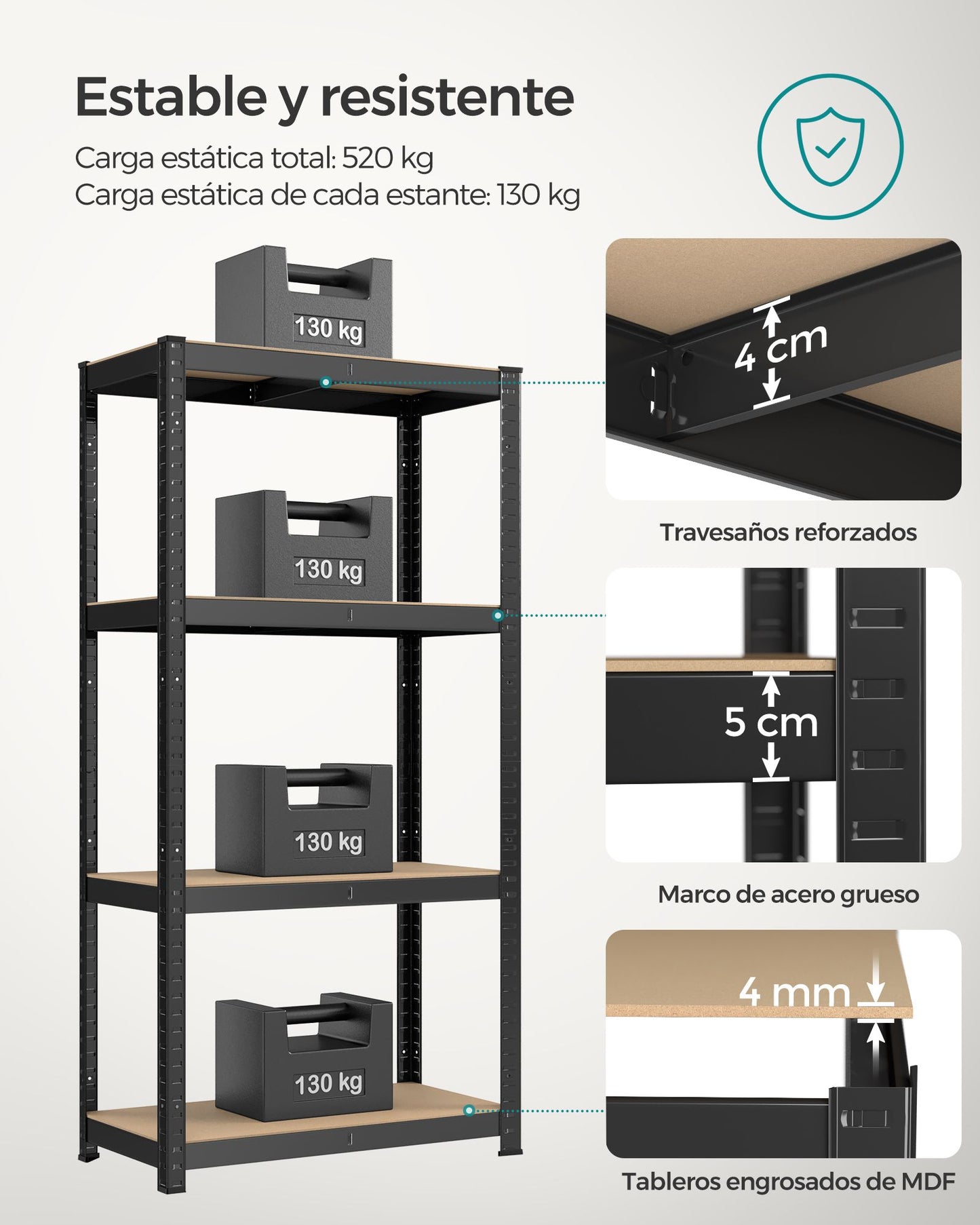 Estantería Pesada de 4 Niveles 40 x 80 x 160 cm Negro-SONGMICS