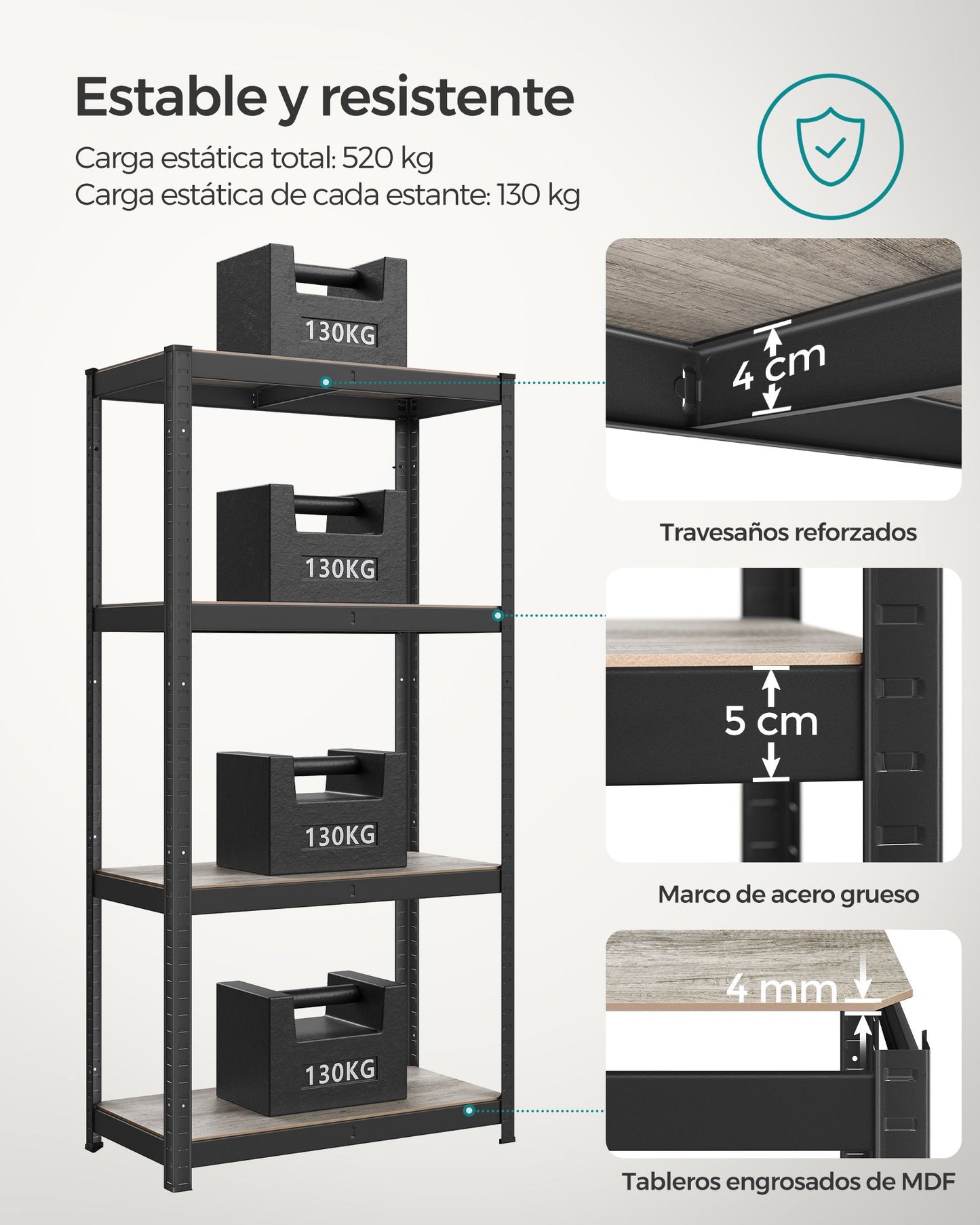 Estantería de 4 Niveles 40 x 80 x 160 cm Greige y Negro-SONGMICS