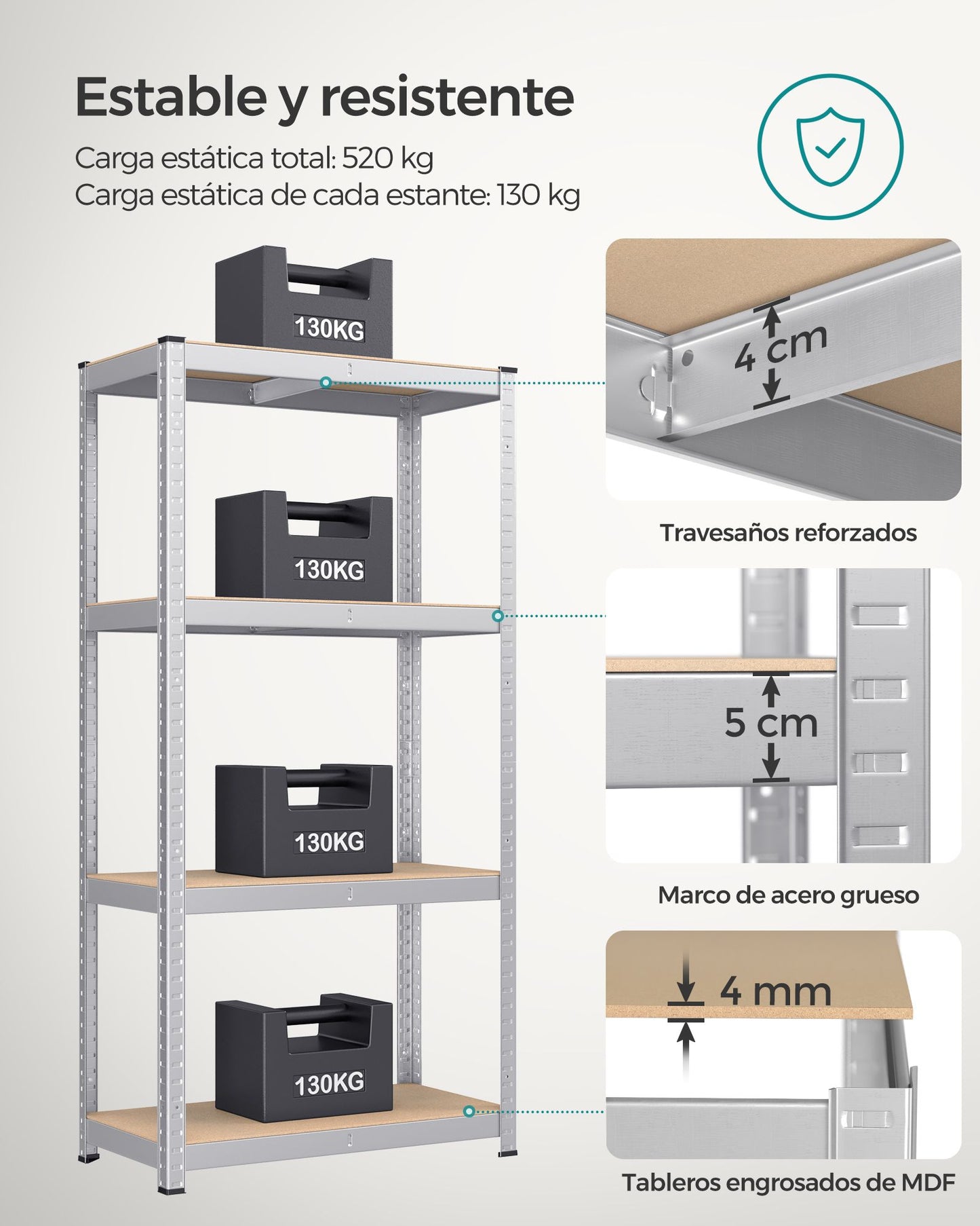 Estantería Pesada de 4 Niveles 40 x 80 x 160 cm Plata-SONGMICS