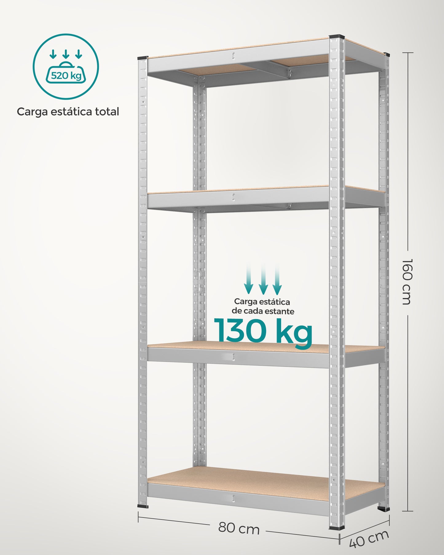 Estantería Pesada de 4 Niveles 40 x 80 x 160 cm Plata-SONGMICS