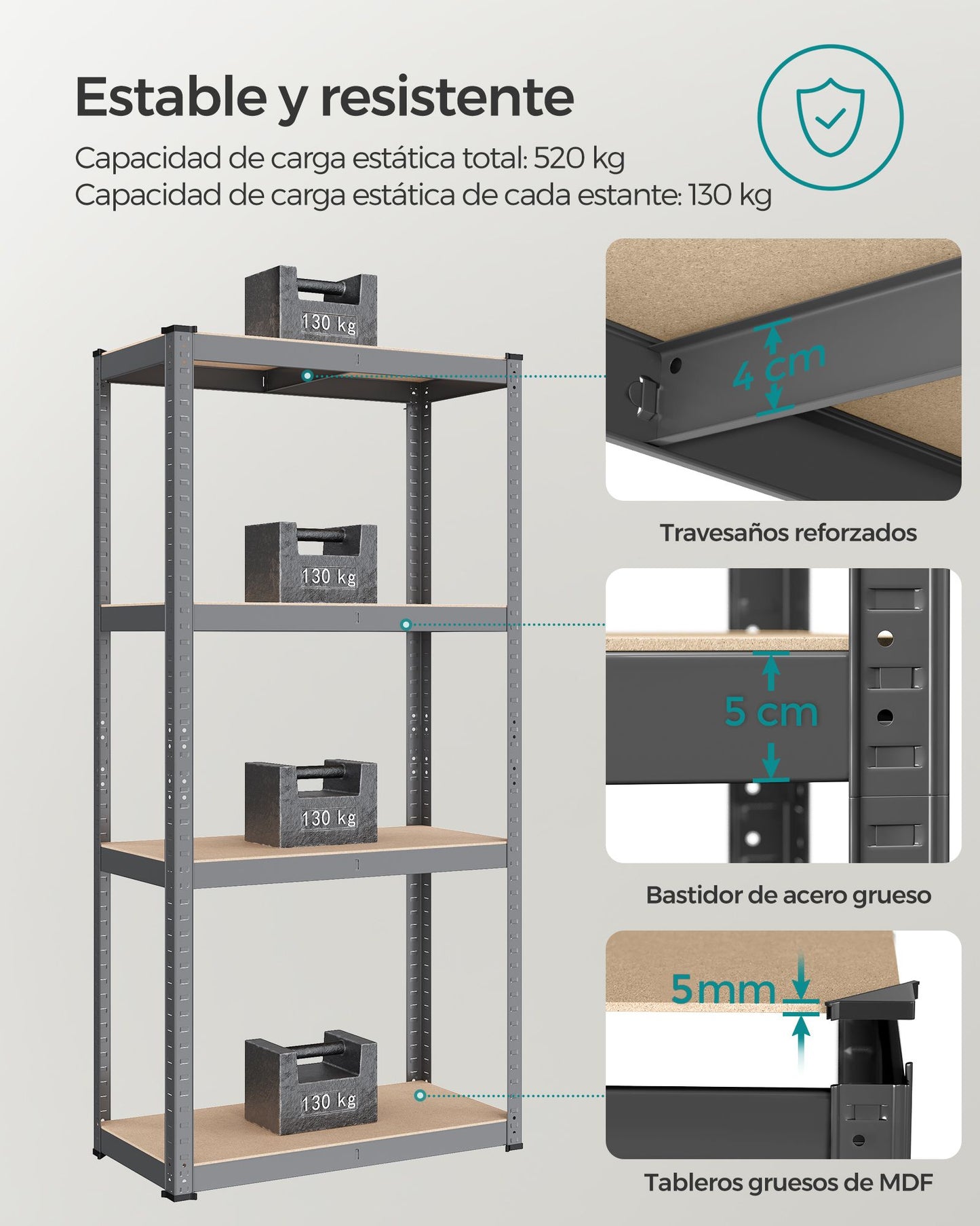 Estantería Pesada de 4 Niveles 40 x 80 x 160 cm Gris y Natural-SONGMICS