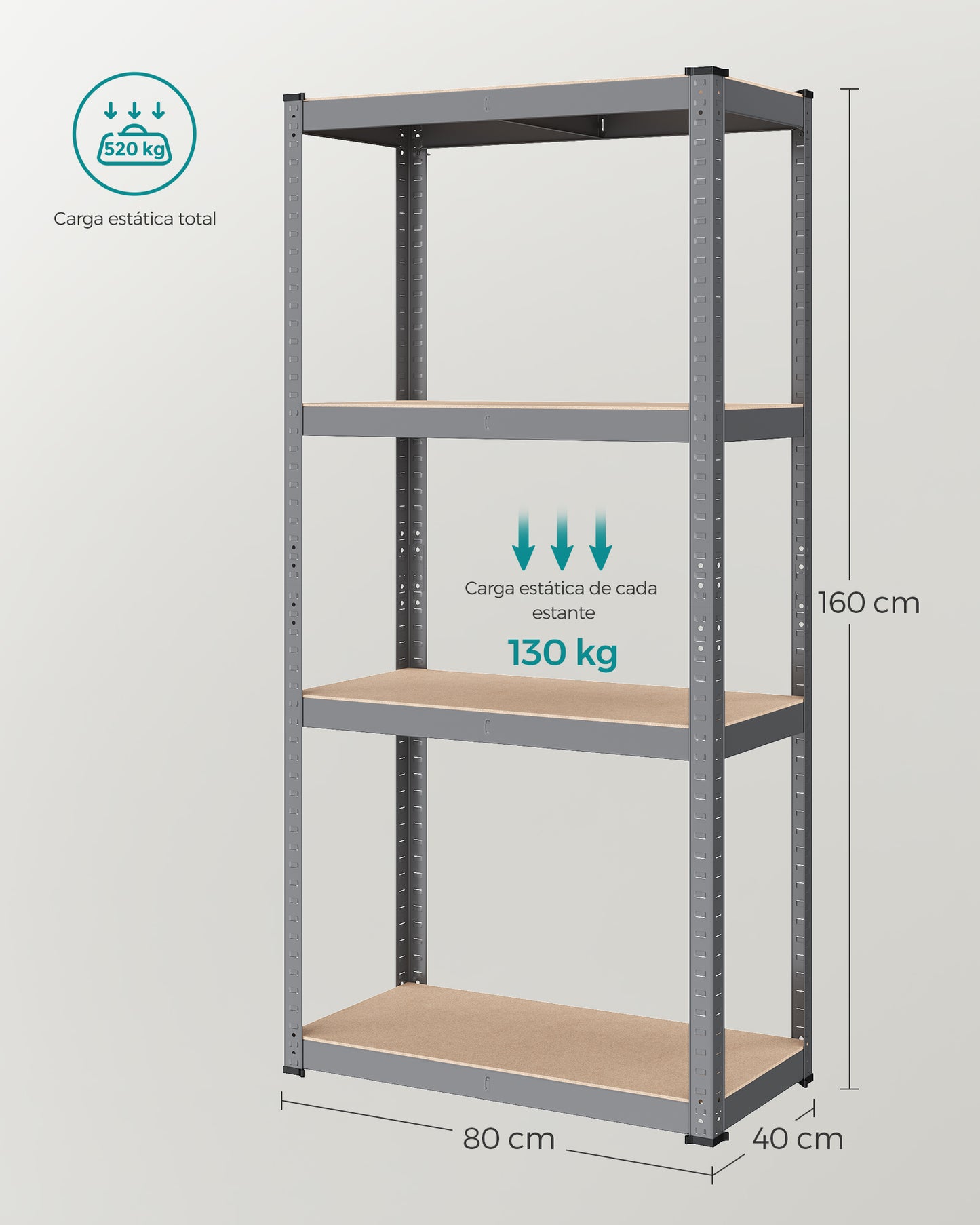 Estantería Pesada de 4 Niveles 40 x 80 x 160 cm Gris y Natural-SONGMICS