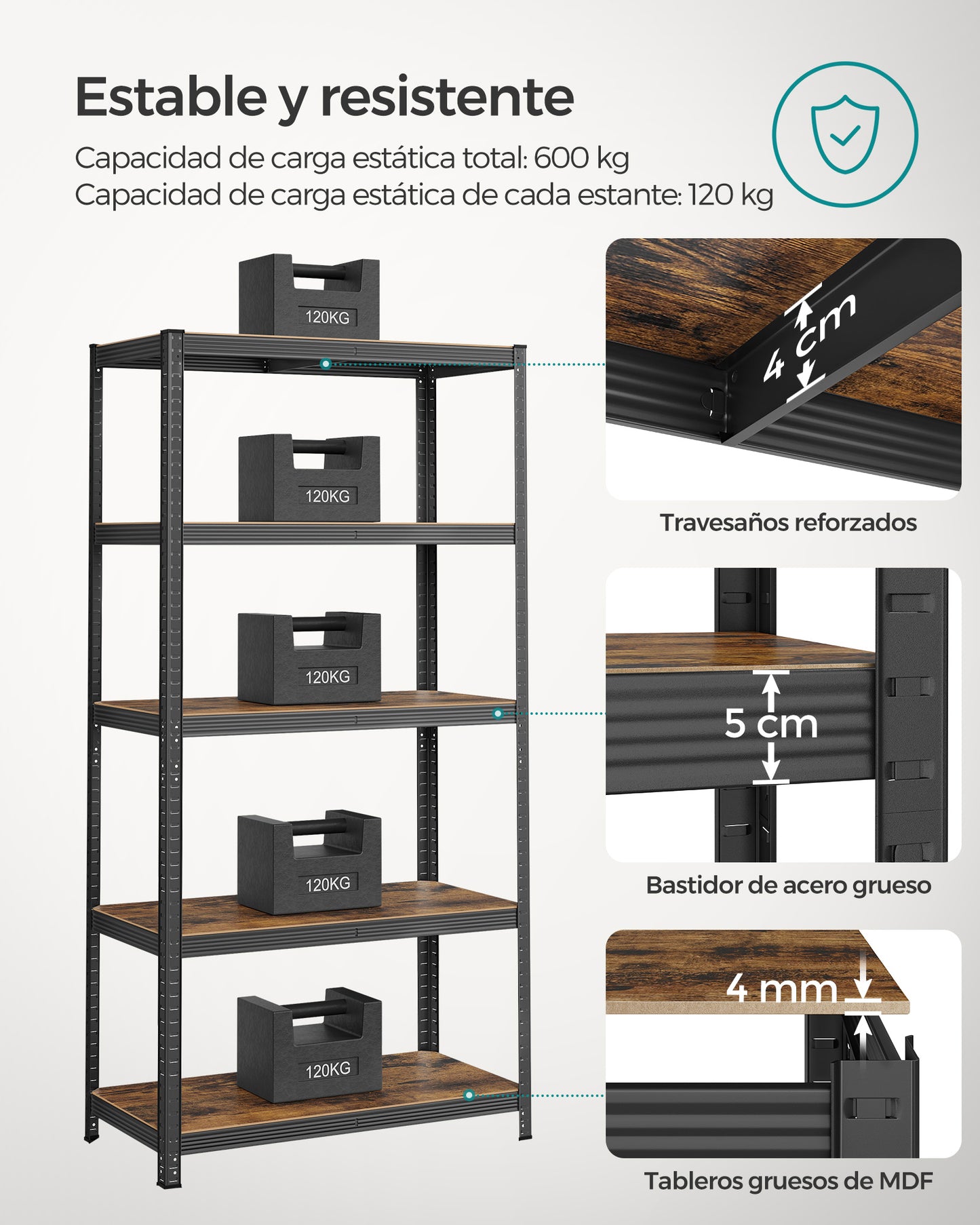 Estantería de 5 Niveles Estantes Ajustables Marrón Rústico y Negro-SONGMICS