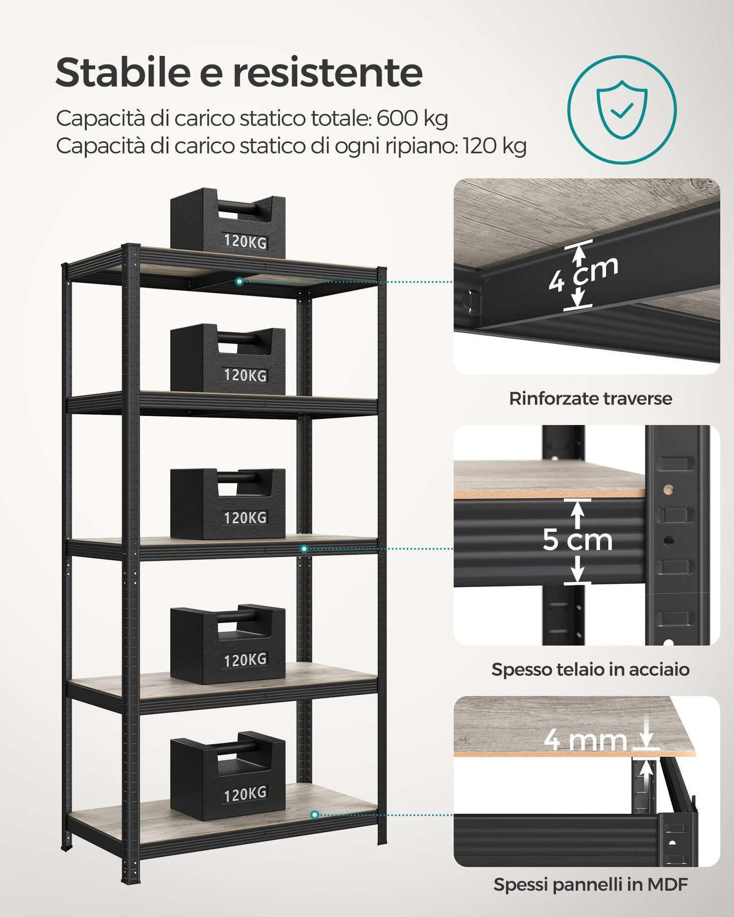 Estantería de 5 Niveles 50 x 100 x 200 cm Carga de 600 kg Estantes Ajustables Greige y Negro-SONGMICS