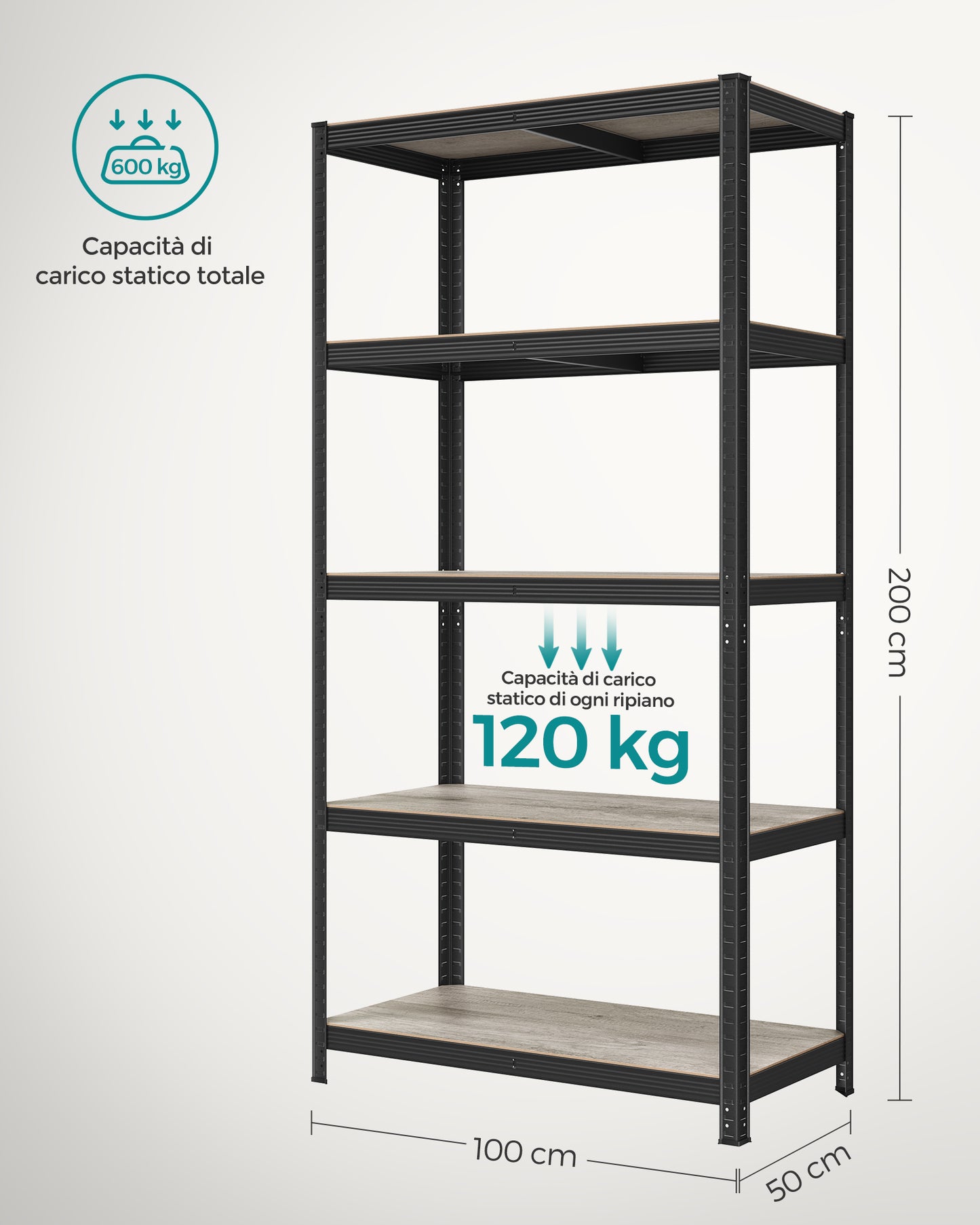 Estantería de 5 Niveles 50 x 100 x 200 cm Carga de 600 kg Estantes Ajustables Greige y Negro-SONGMICS