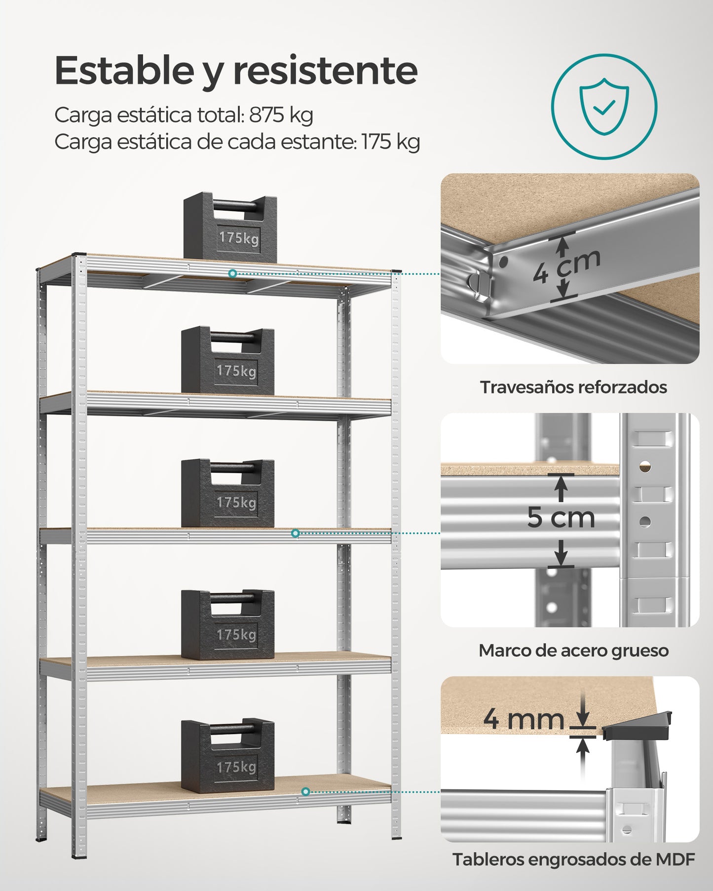 Estantería Pesada de 5 Niveles Estantería de Acero 60 x 120 x 200 cm Plata-SONGMICS