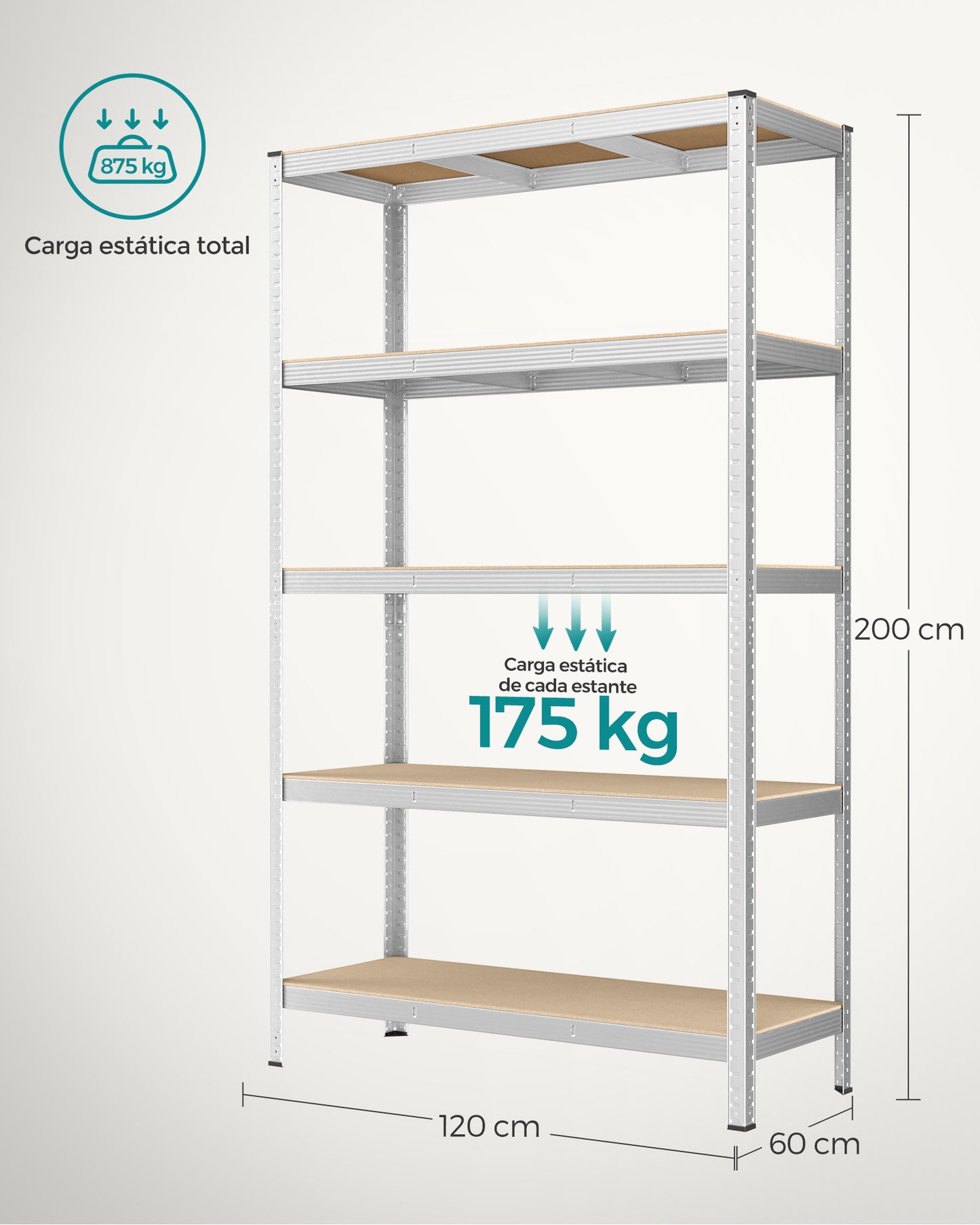 Estantería Pesada de 5 Niveles Estantería de Acero 60 x 120 x 200 cm Plata-SONGMICS
