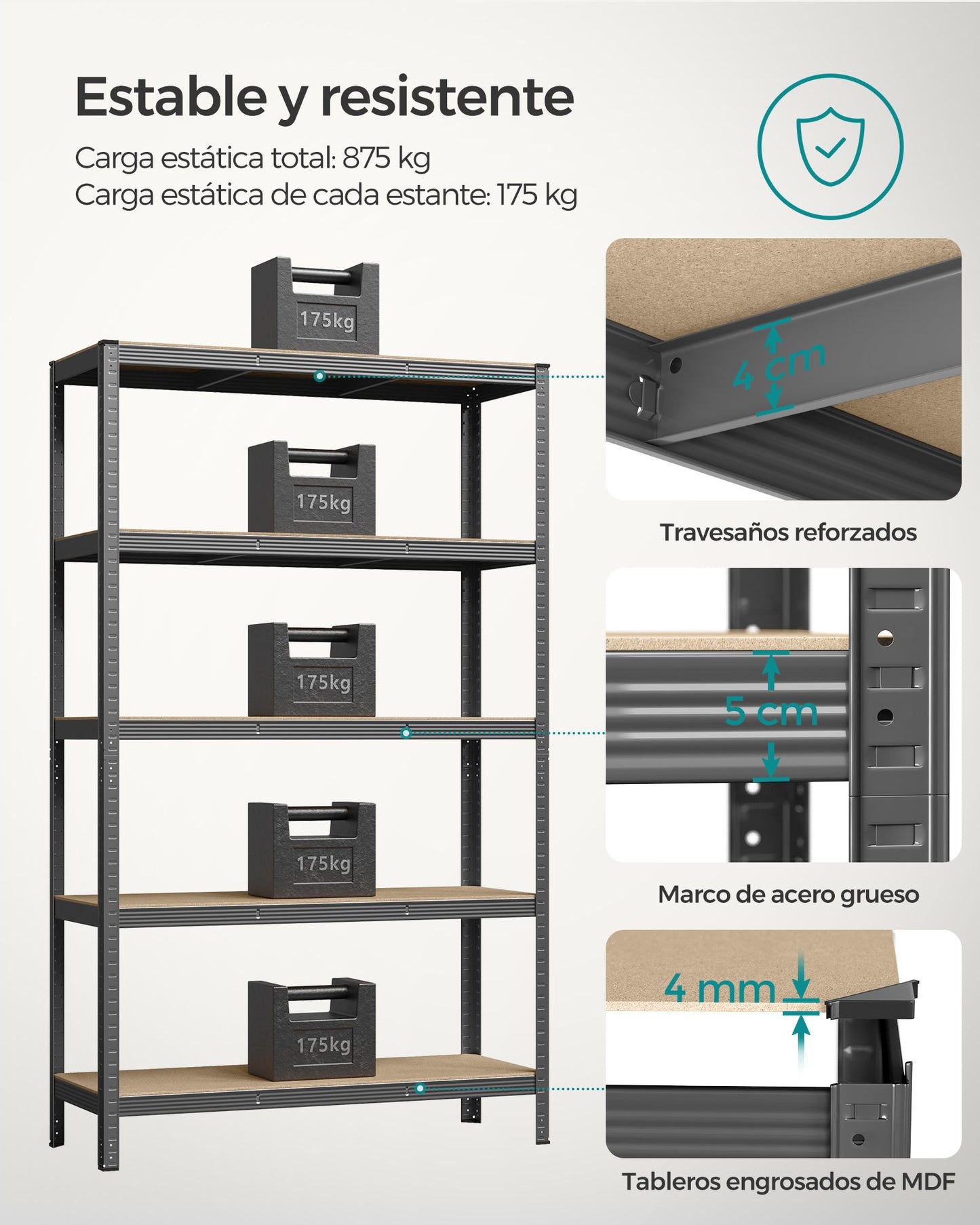 Estantería Pesada de 5 Niveles 60 x 120 x 200 cm Gris-SONGMICS