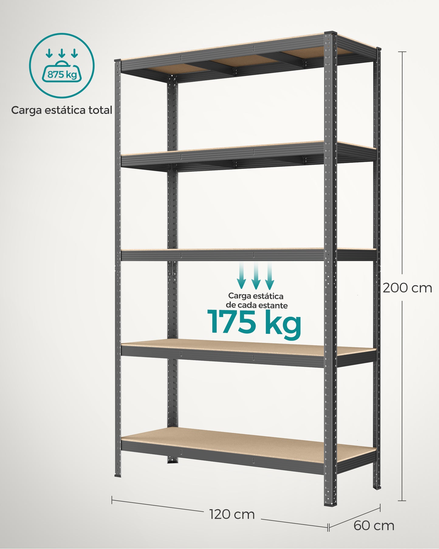 Estantería Pesada de 5 Niveles 60 x 120 x 200 cm Gris-SONGMICS