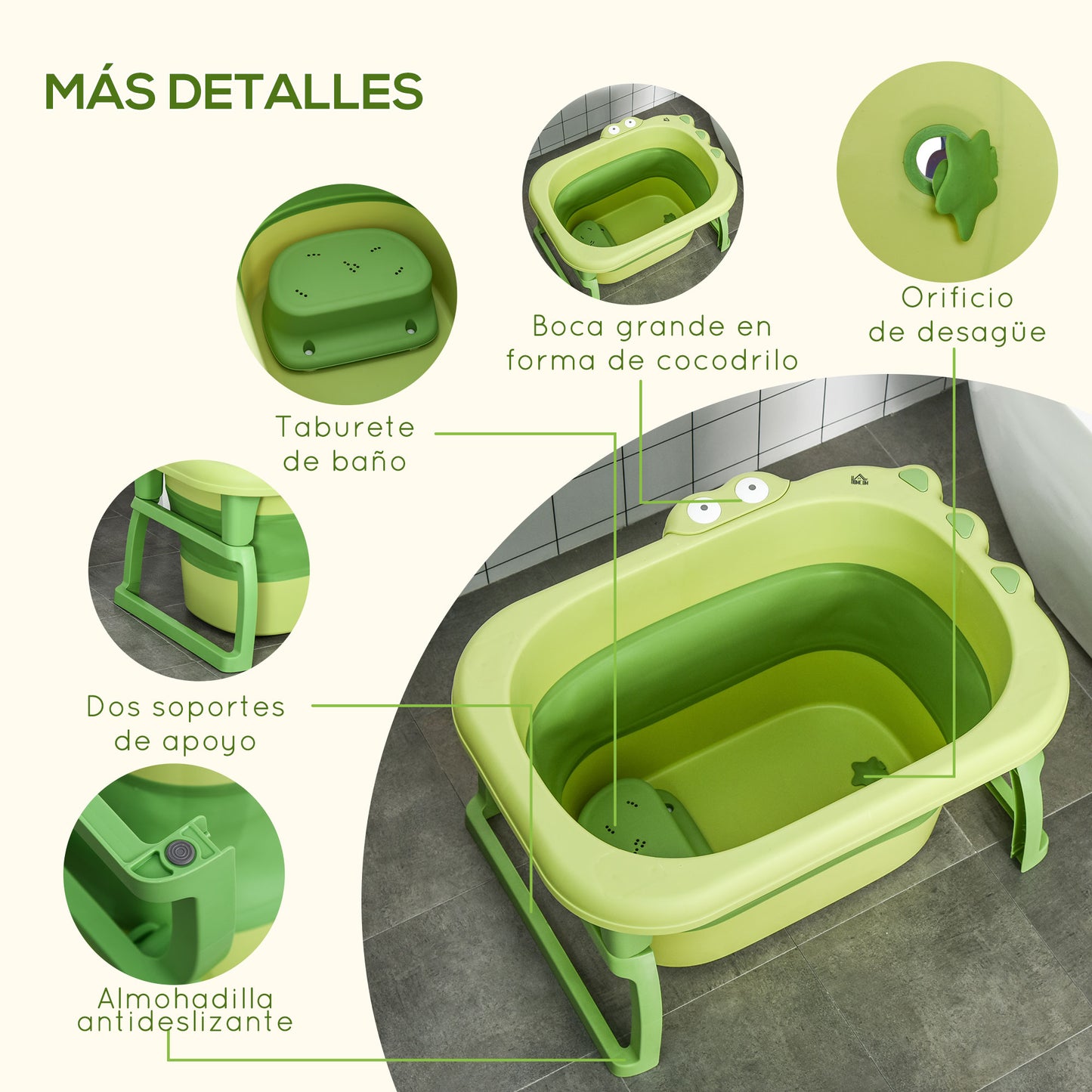 HOMCOM Bañera Plegable para Bebé de 0-3 Años Capacidad 105L Bañera Portátil para Niños con Patas Antideslizantes y Orificio de Drenaje Carga 50 kg 75,3x55,4x43 cm Verde