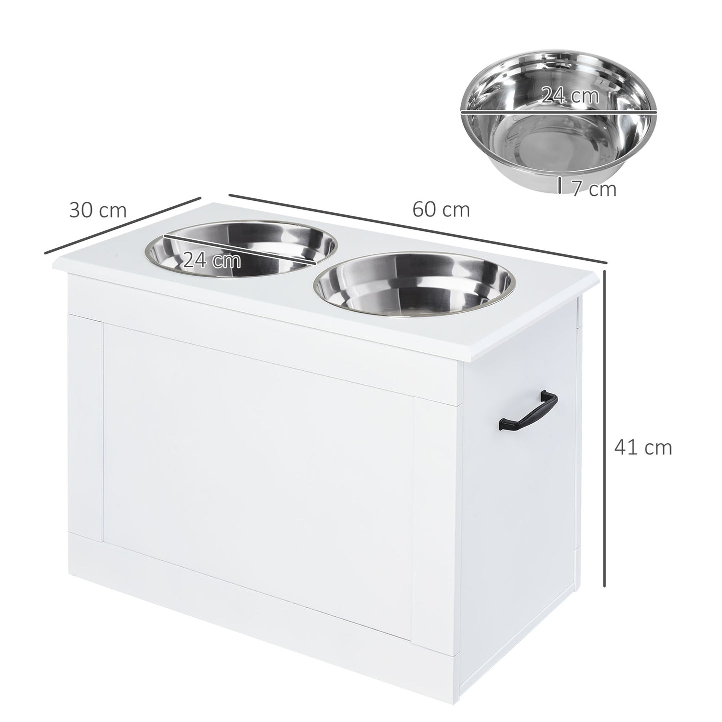 PawHut Comedero Elevado para Perros Cuencos para Perros con 2 Tazones de Acero Inoxidable y Espacio de Almacenaje Oculto 60x30x41 cm Blanco