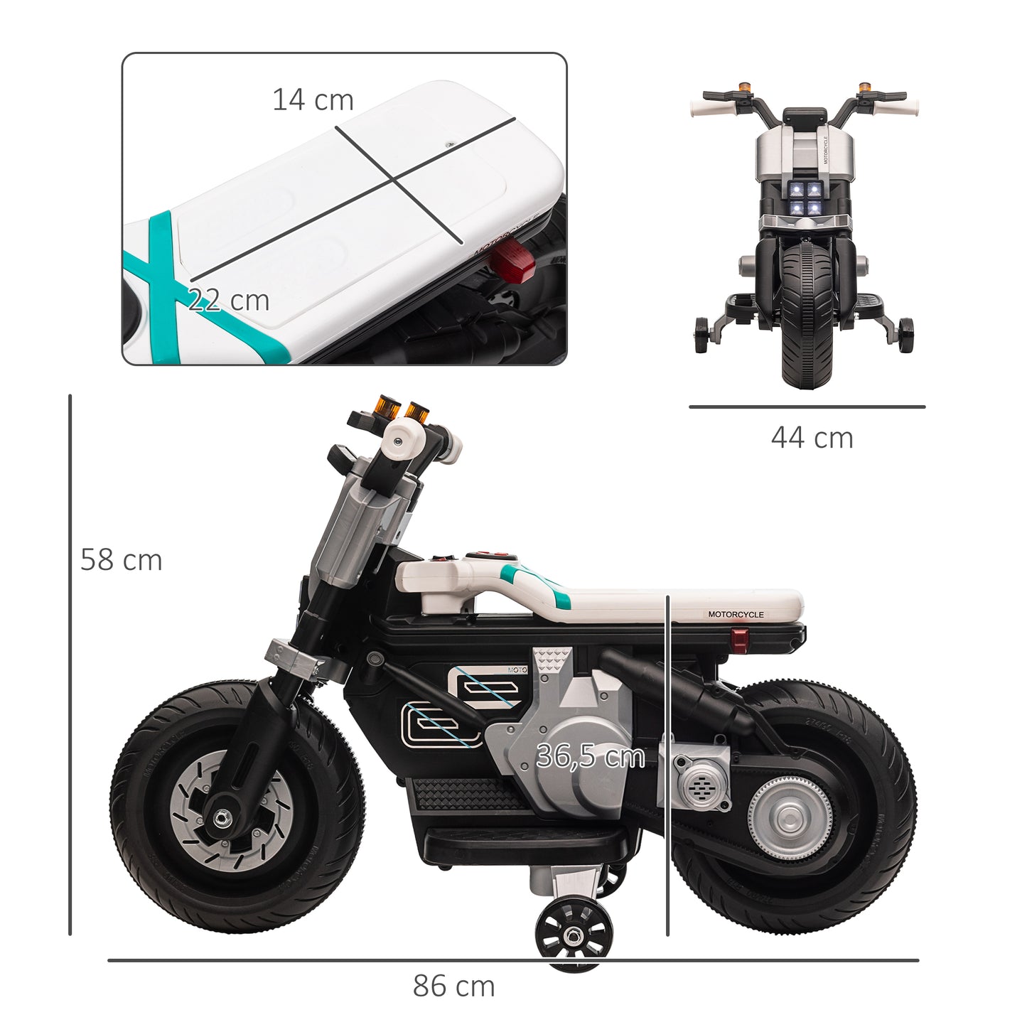 HOMCOM Moto Eléctrica Infantil Moto de Batería 6V con Faros Música Bocina Velocidad 3 km/h Avance Retroceso y Ruedas Auxiliares para Niños de 3-5 Años Carga 25 kg 86x44x58 cm Negro y Blanco