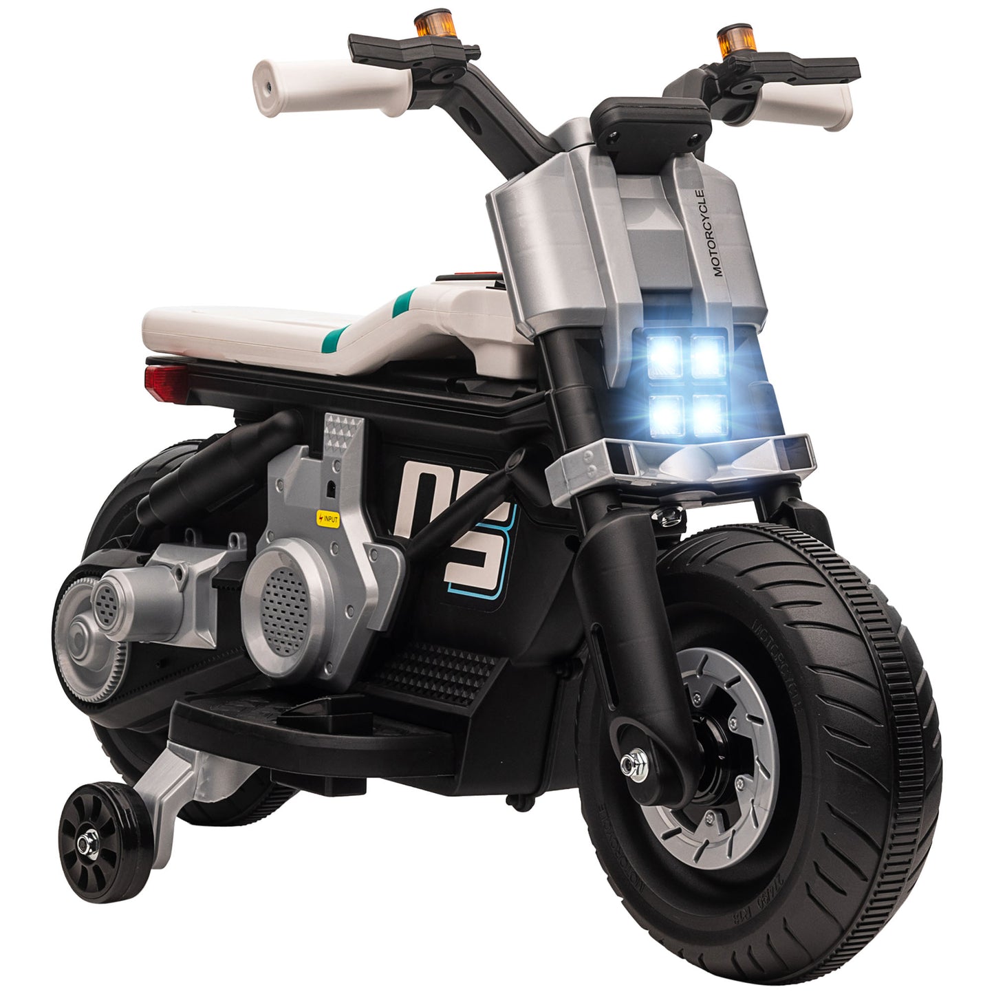 HOMCOM Moto Eléctrica Infantil Moto de Batería 6V con Faros Música Bocina Velocidad 3 km/h Avance Retroceso y Ruedas Auxiliares para Niños de 3-5 Años Carga 25 kg 86x44x58 cm Negro y Blanco