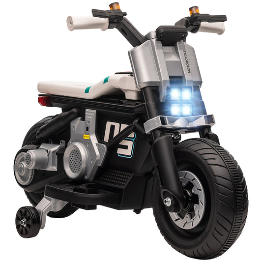 HOMCOM Moto Eléctrica Infantil Moto de Batería 6V con Faros Música Bocina Velocidad 3 km/h Avance Retroceso y Ruedas Auxiliares para Niños de 3-5 Años Carga 25 kg 86x44x58 cm Negro y Blanco