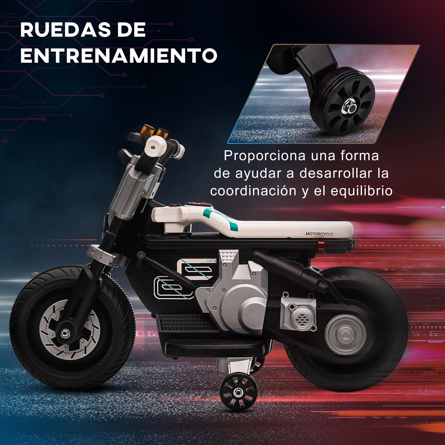 HOMCOM Moto Eléctrica Infantil Moto de Batería 6V con Faros Música Bocina Velocidad 3 km/h Avance Retroceso y Ruedas Auxiliares para Niños de 3-5 Años Carga 25 kg 86x44x58 cm Negro y Blanco