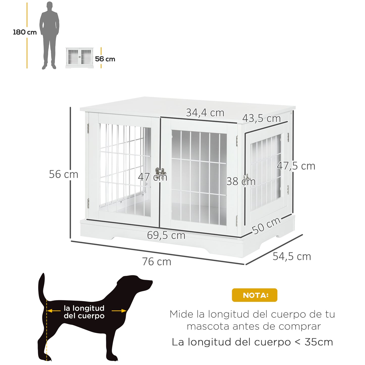 PawHut Jaula para Perros de Madera 76x54,5x56 cm Perrera con Superficie de Mesa de Almacenamiento con 2 Puertas de Pestillo y Rejillas de Acero Blanco