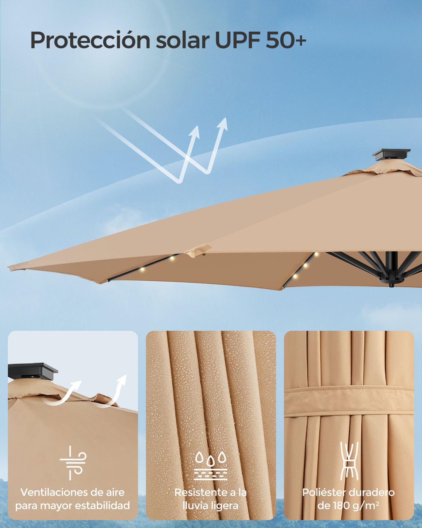 Sombrilla de Jardín 300 cm LED Solar Marrón Camello-SONGMICS