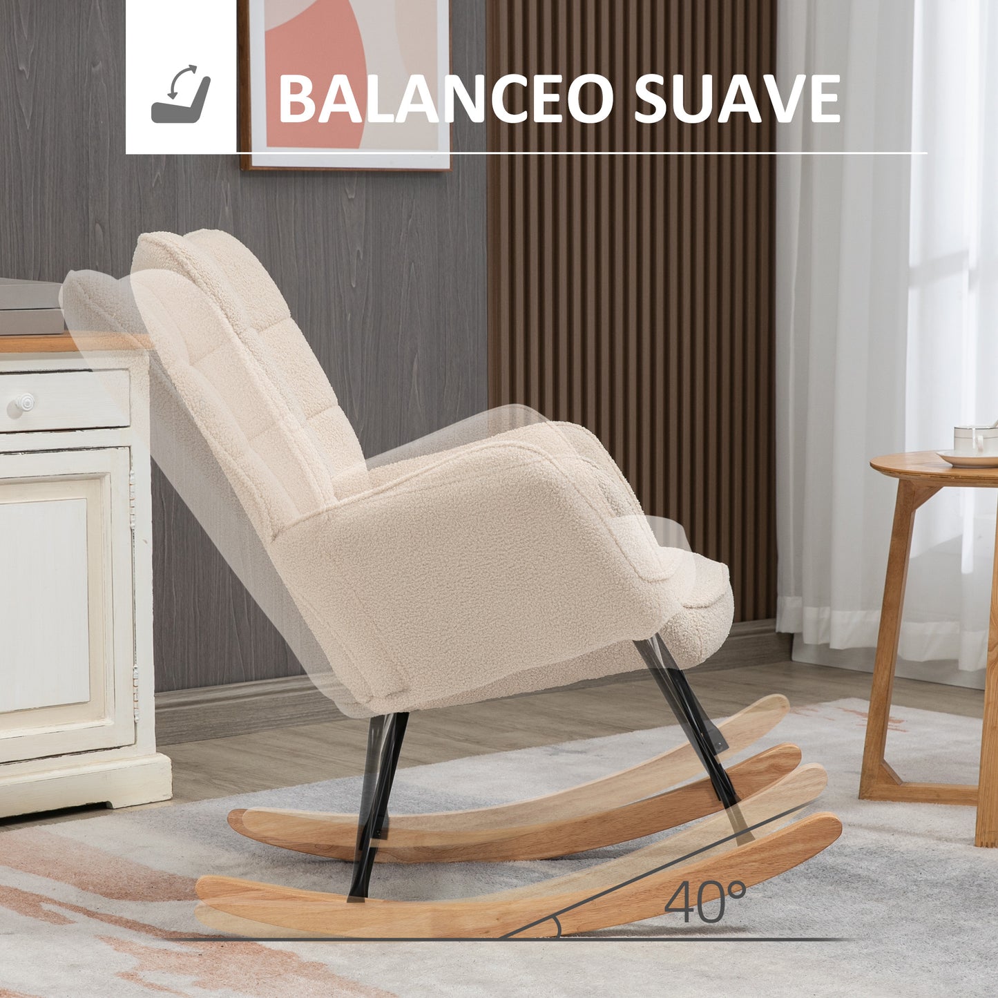 HOMCOM Mecedora de Borreguito Silla Mecedora con Patas de Madera de Haya y Marco de Acero Mecedora para Lactancia Carga 120 kg para Dormitorio Salón Beige