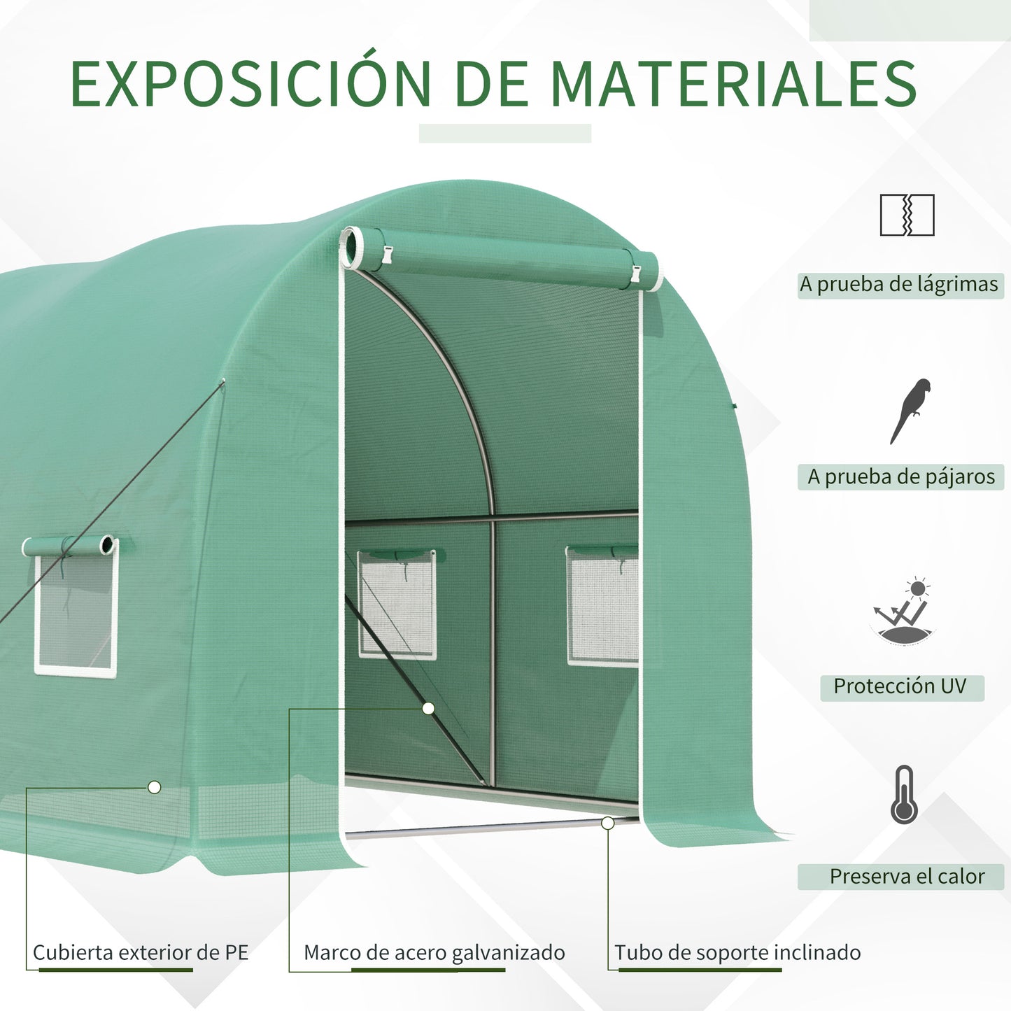 Outsunny Invernadero de Túnel 3x2x2 m Invernadero Grande con 4 Ventanas para Cultivos Plantas Verduras Flores en Huerto Cubierta PE 140 g/㎡ Verde