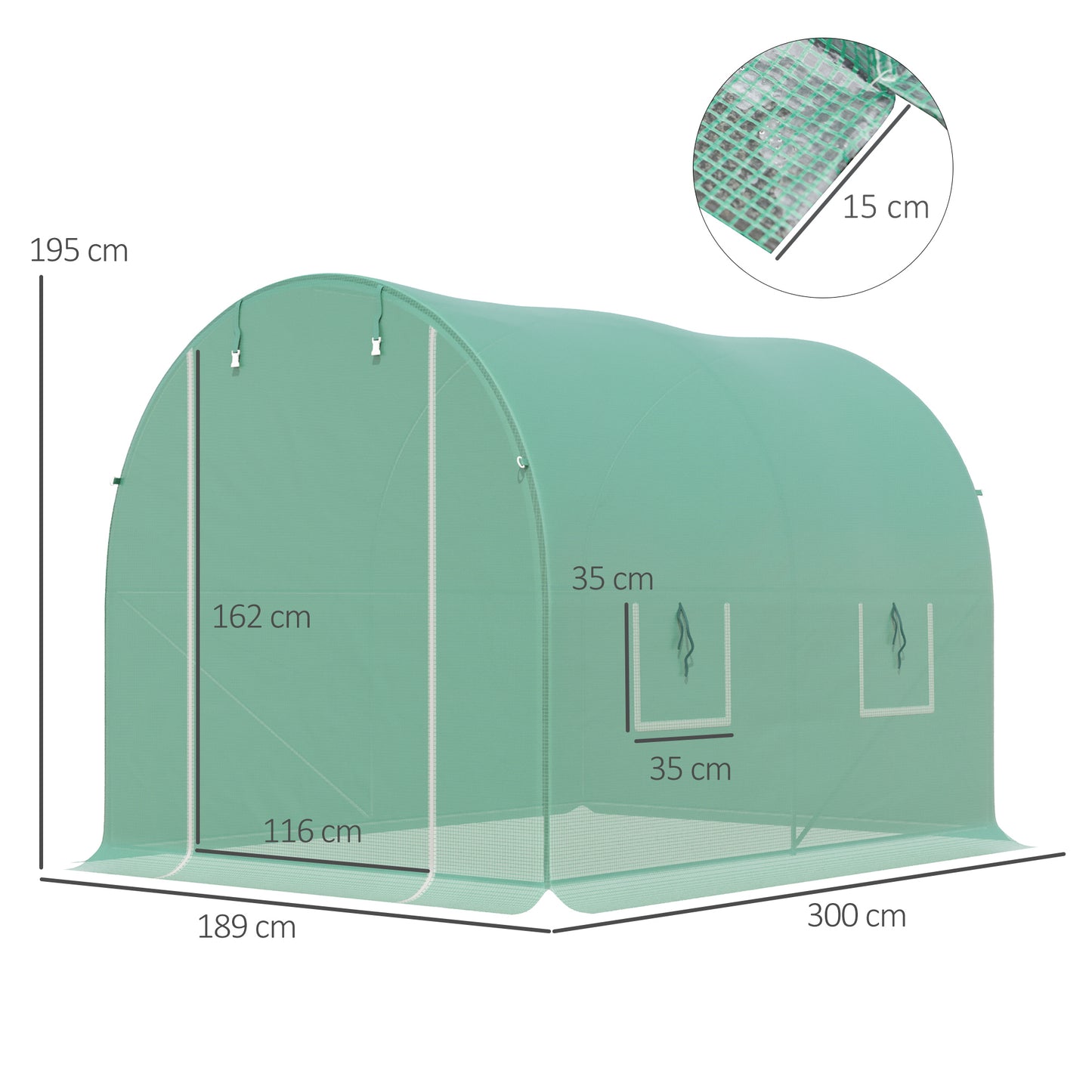 Outsunny Invernadero de Túnel 3x2x2 m Invernadero Grande con 4 Ventanas para Cultivos Plantas Verduras Flores en Huerto Cubierta PE 140 g/㎡ Verde