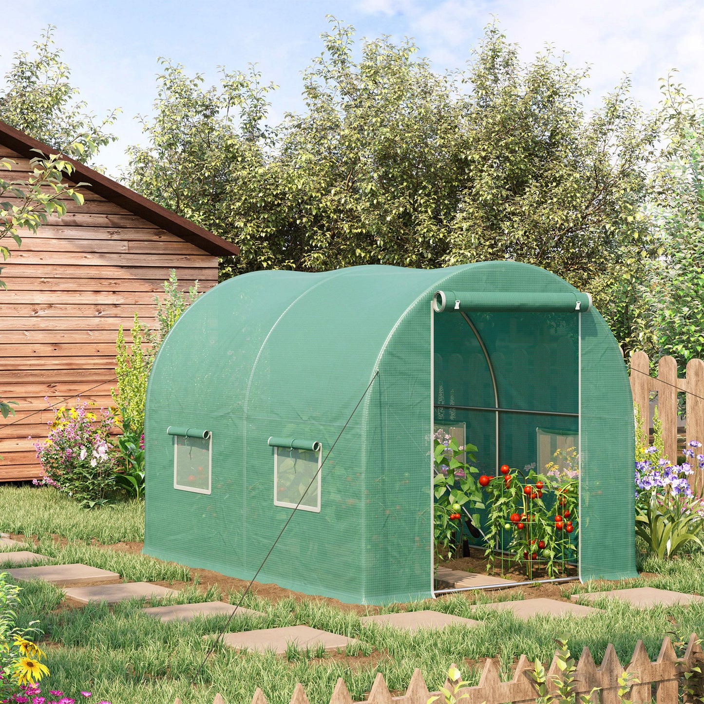 Outsunny Invernadero de Túnel 3x2x2 m Invernadero Grande con 4 Ventanas para Cultivos Plantas Verduras Flores en Huerto Cubierta PE 140 g/㎡ Verde