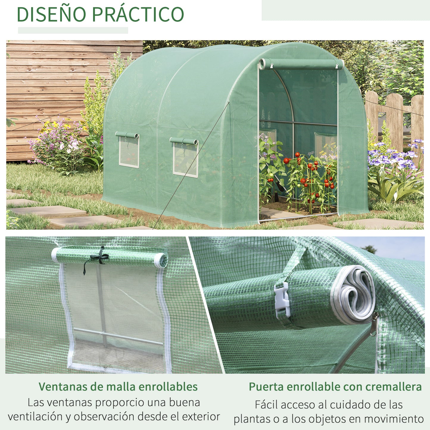 Outsunny Invernadero de Túnel 3x2x2 m Invernadero Grande con 4 Ventanas para Cultivos Plantas Verduras Flores en Huerto Cubierta PE 140 g/㎡ Verde