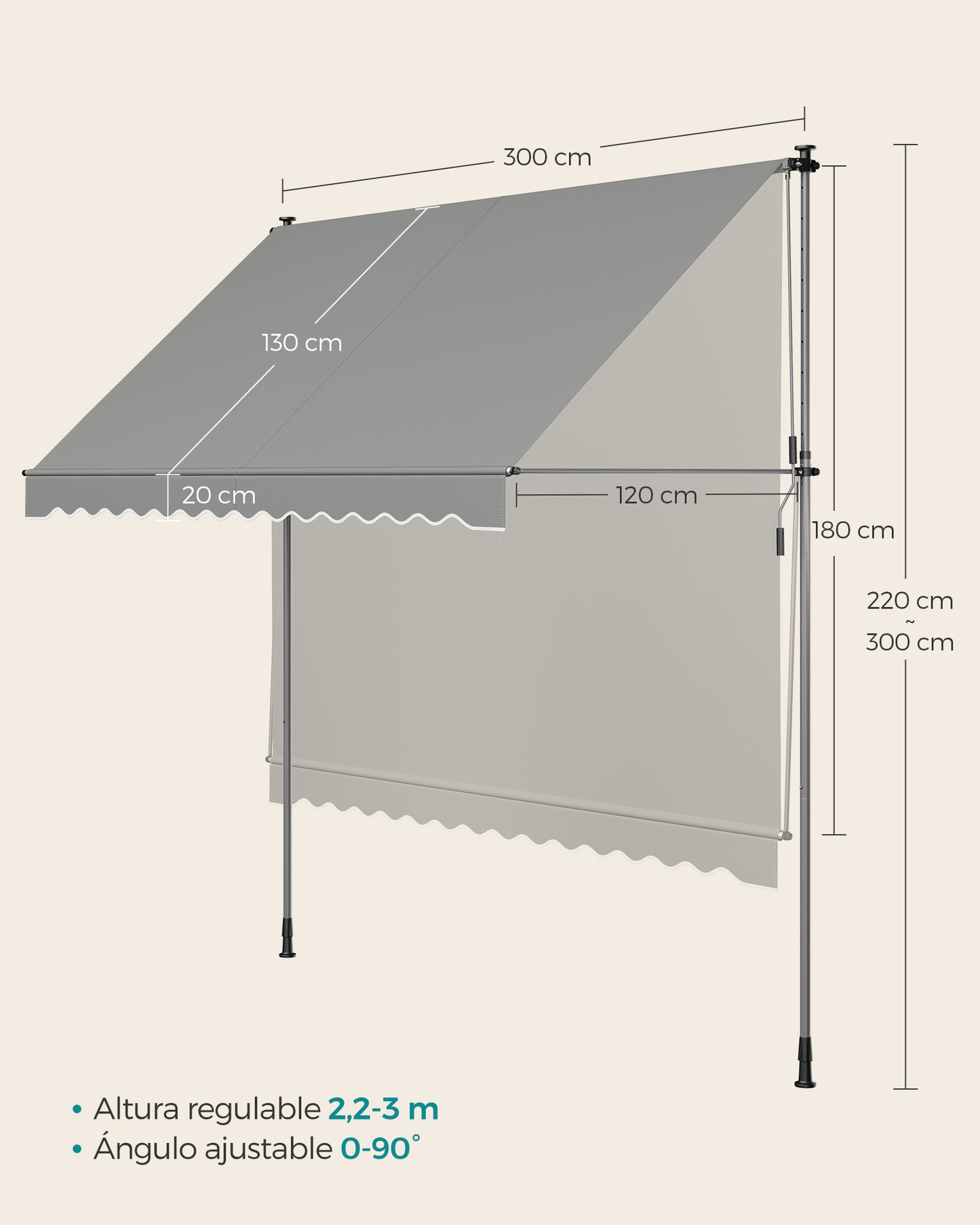 Toldo Manual Regulable en Altura 300 x 120 cm Gris-SONGMICS