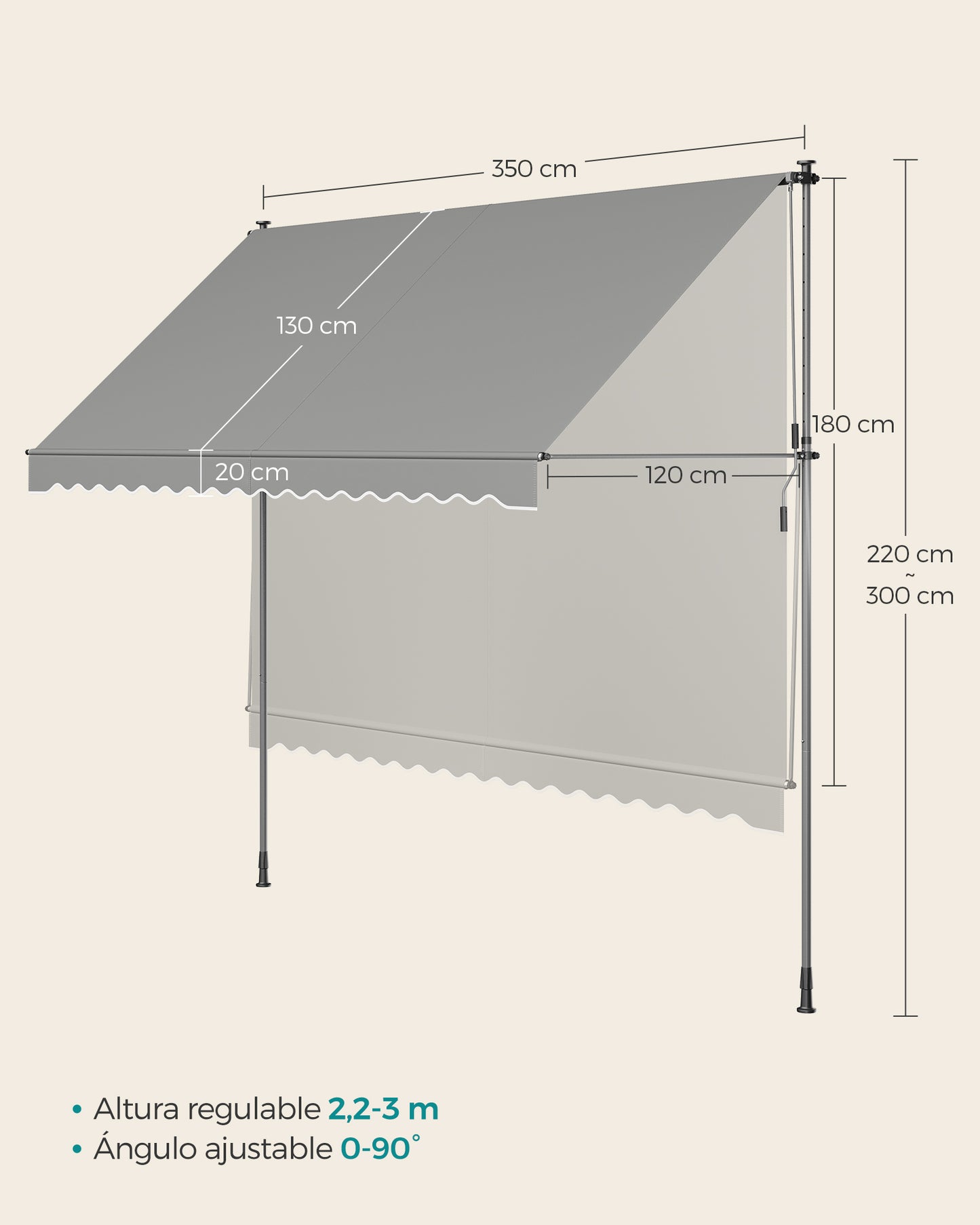 Toldo Manual Regulable en Altura 350 x 120 cm Gris-SONGMICS