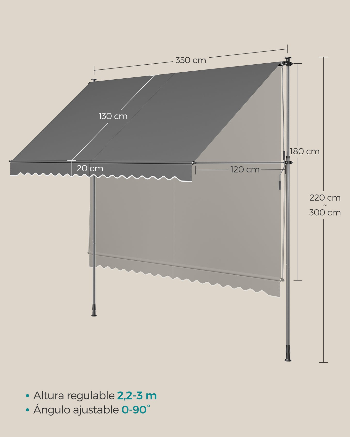 Toldo Manual Regulable en Altura 350 x 120 cm Gris Antracita-SONGMICS