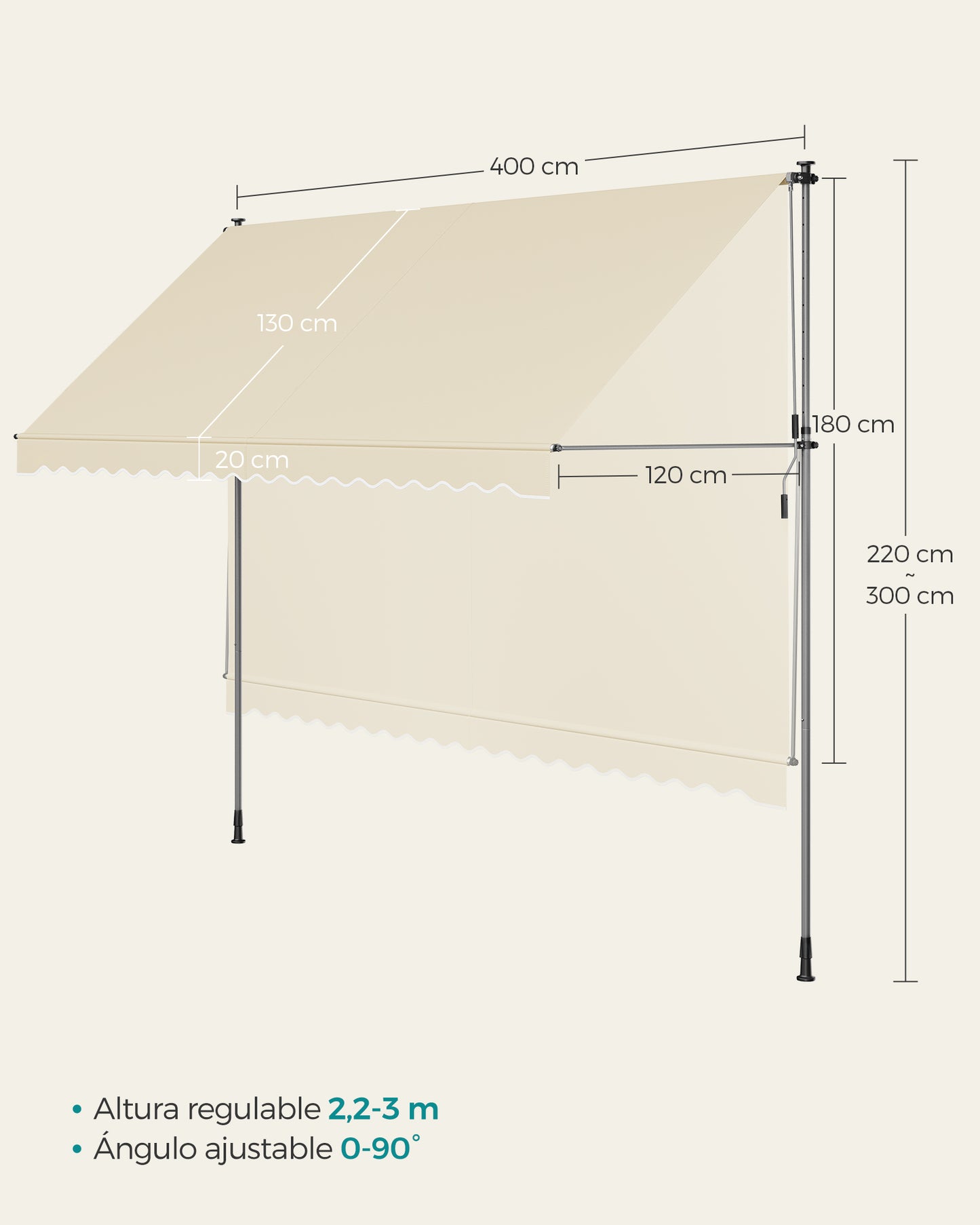 Toldo Manual Regulable en Altura 400 x 120 cm Beige-SONGMICS